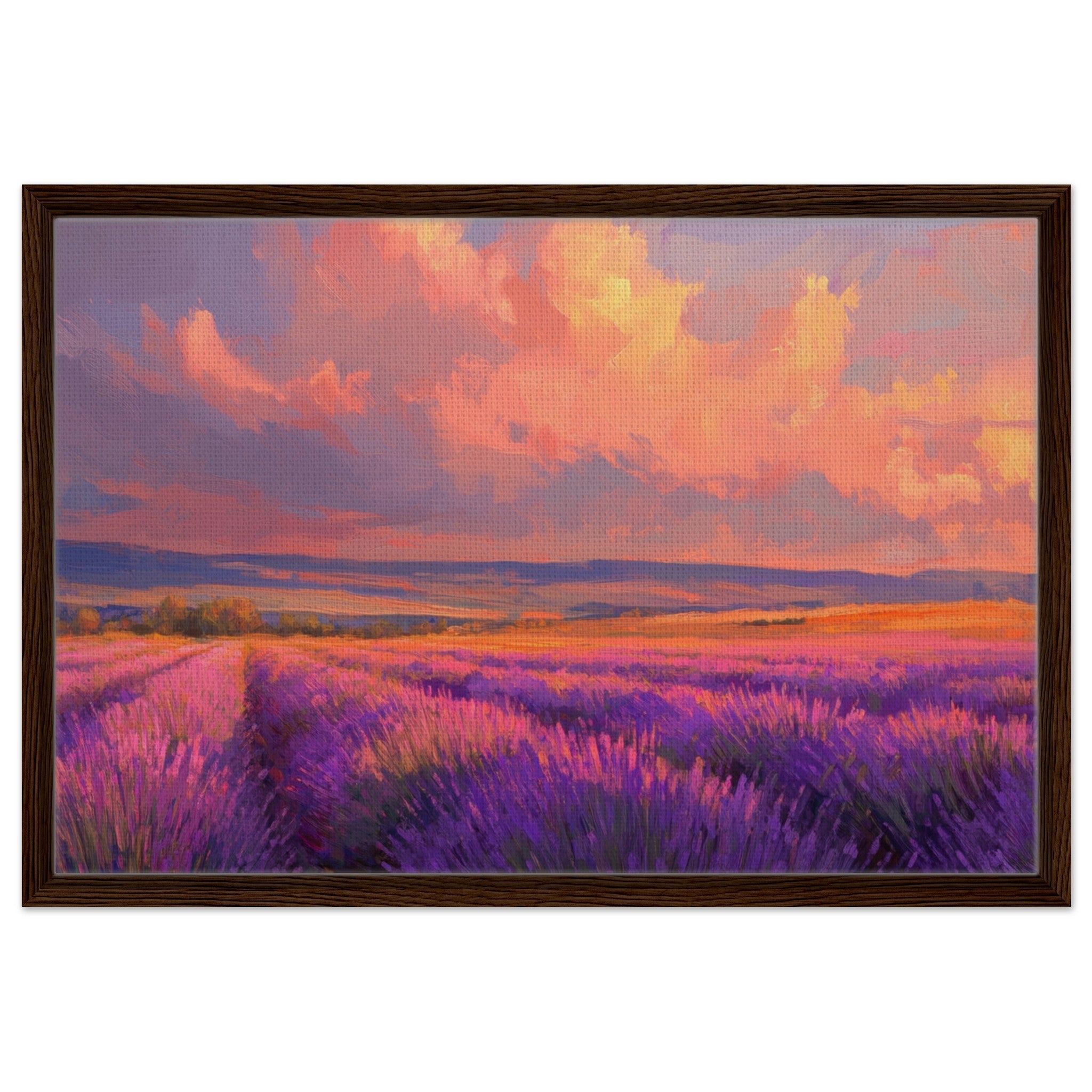 Framed Canvas Landscape - Rolling lavender fields under a pink - hued sunset - Shop Ai Art WebShop - Digital Art online Store