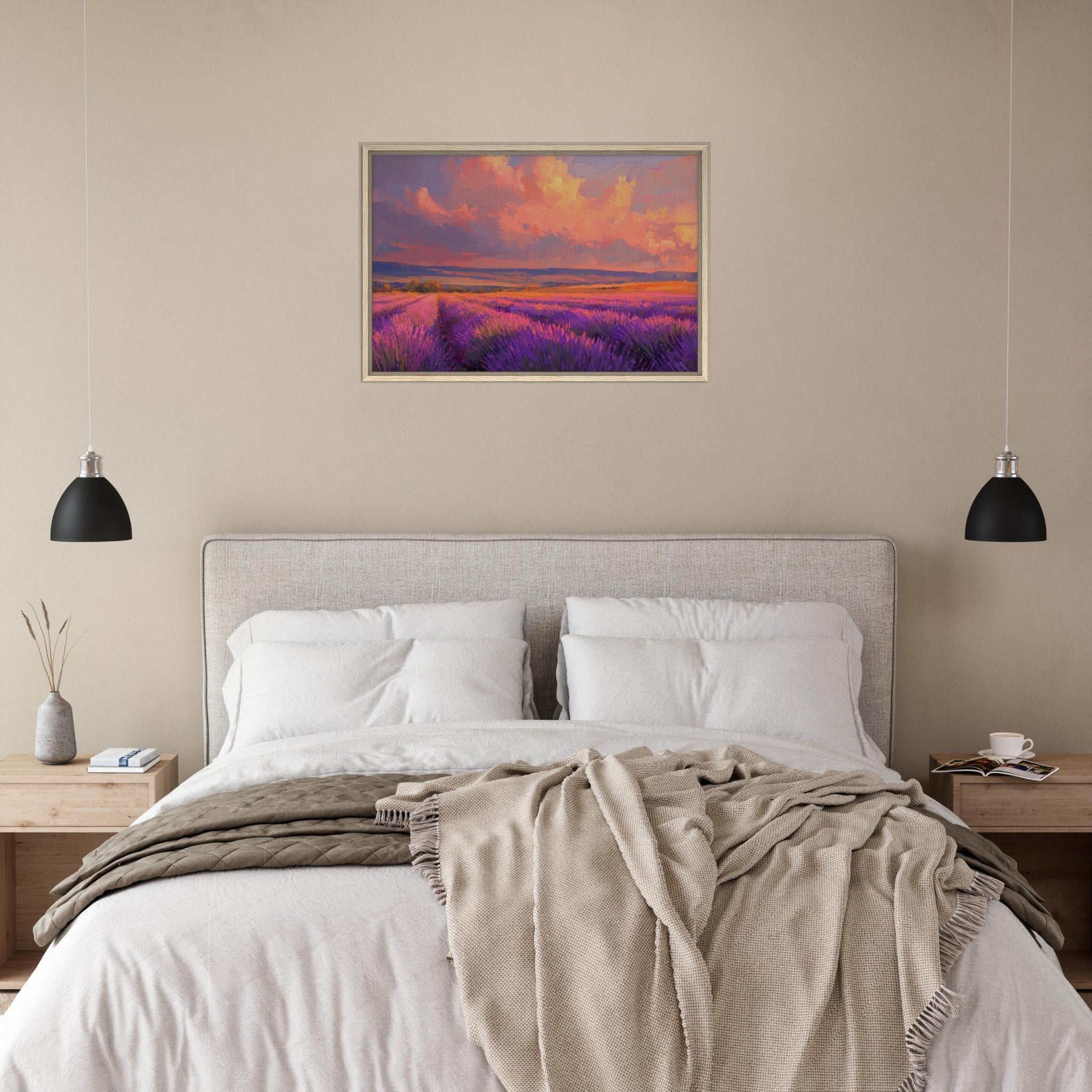Framed Canvas Landscape - Rolling lavender fields under a pink - hued sunset - Shop Ai Art WebShop - Digital Art online Store