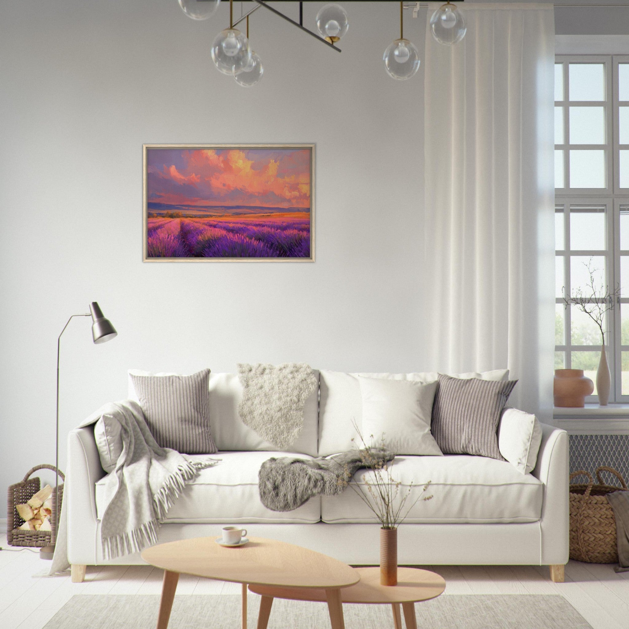 Framed Canvas Landscape - Rolling lavender fields under a pink - hued sunset - Shop Ai Art WebShop - Digital Art online Store