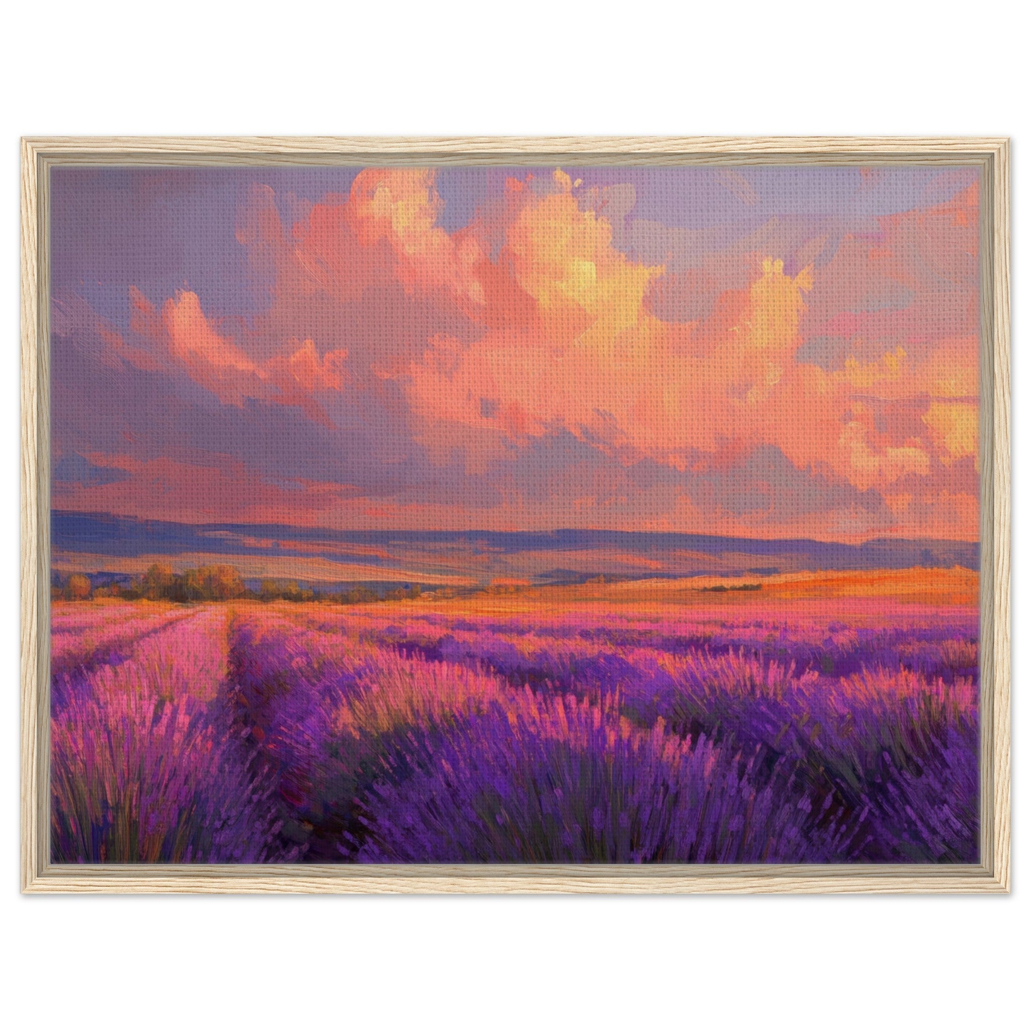 Framed Canvas Landscape - Rolling lavender fields under a pink - hued sunset - Shop Ai Art WebShop - Digital Art online Store