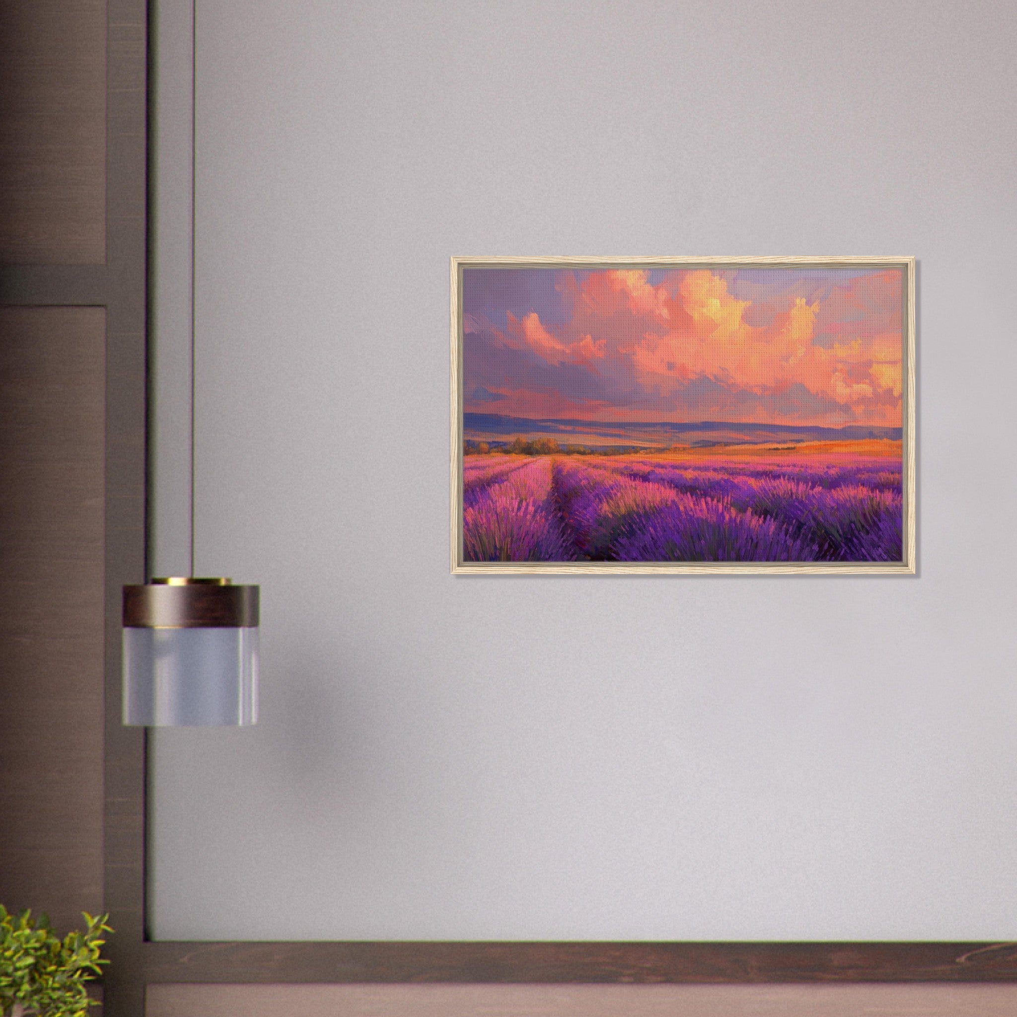 Framed Canvas Landscape - Rolling lavender fields under a pink - hued sunset - Shop Ai Art WebShop - Digital Art online Store