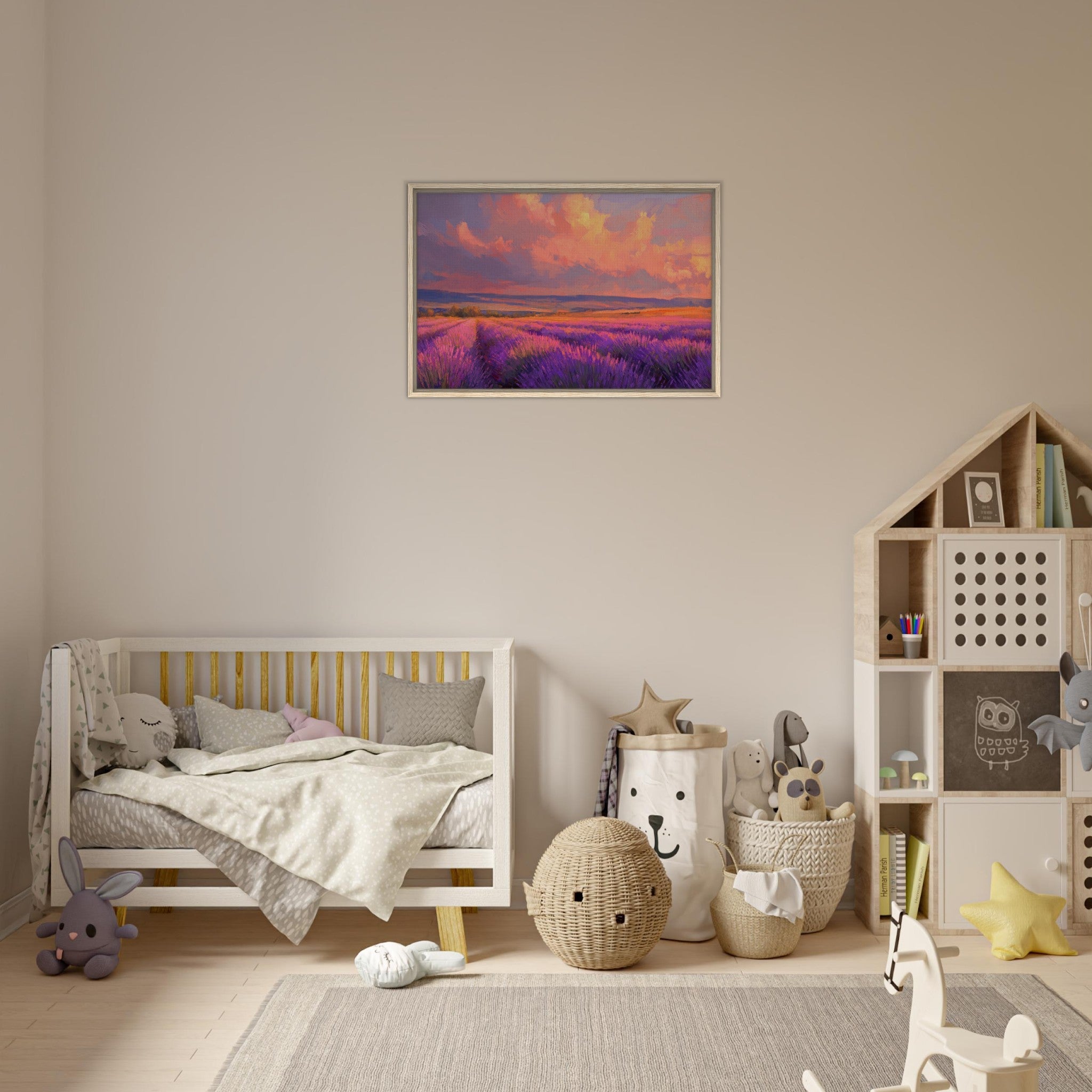 Framed Canvas Landscape - Rolling lavender fields under a pink - hued sunset - Shop Ai Art WebShop - Digital Art online Store
