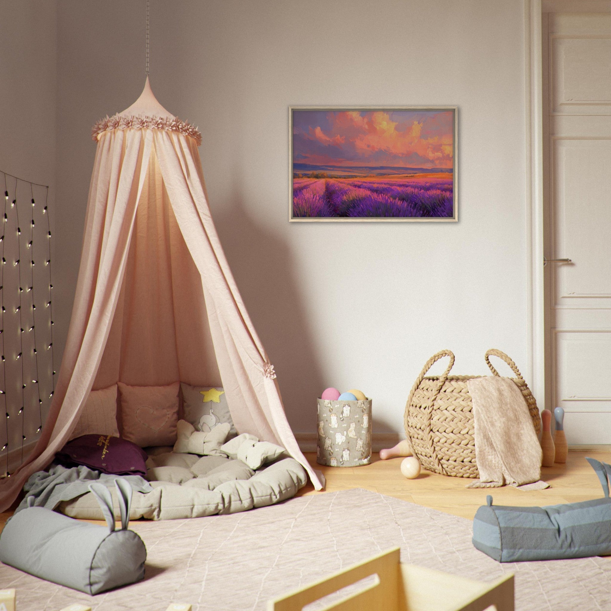 Framed Canvas Landscape - Rolling lavender fields under a pink - hued sunset - Shop Ai Art WebShop - Digital Art online Store
