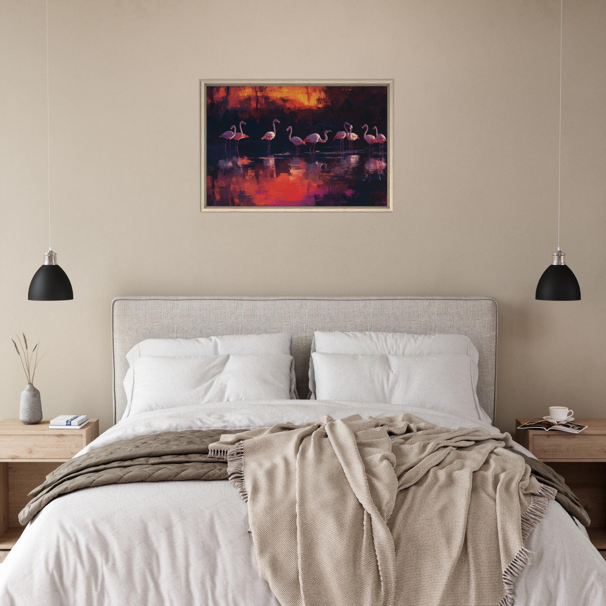 Framed Canvas Landscape - Surreal Flamingo Lake at Sunset Graceful flaming - Shop Ai Art WebShop - Digital Art online Store