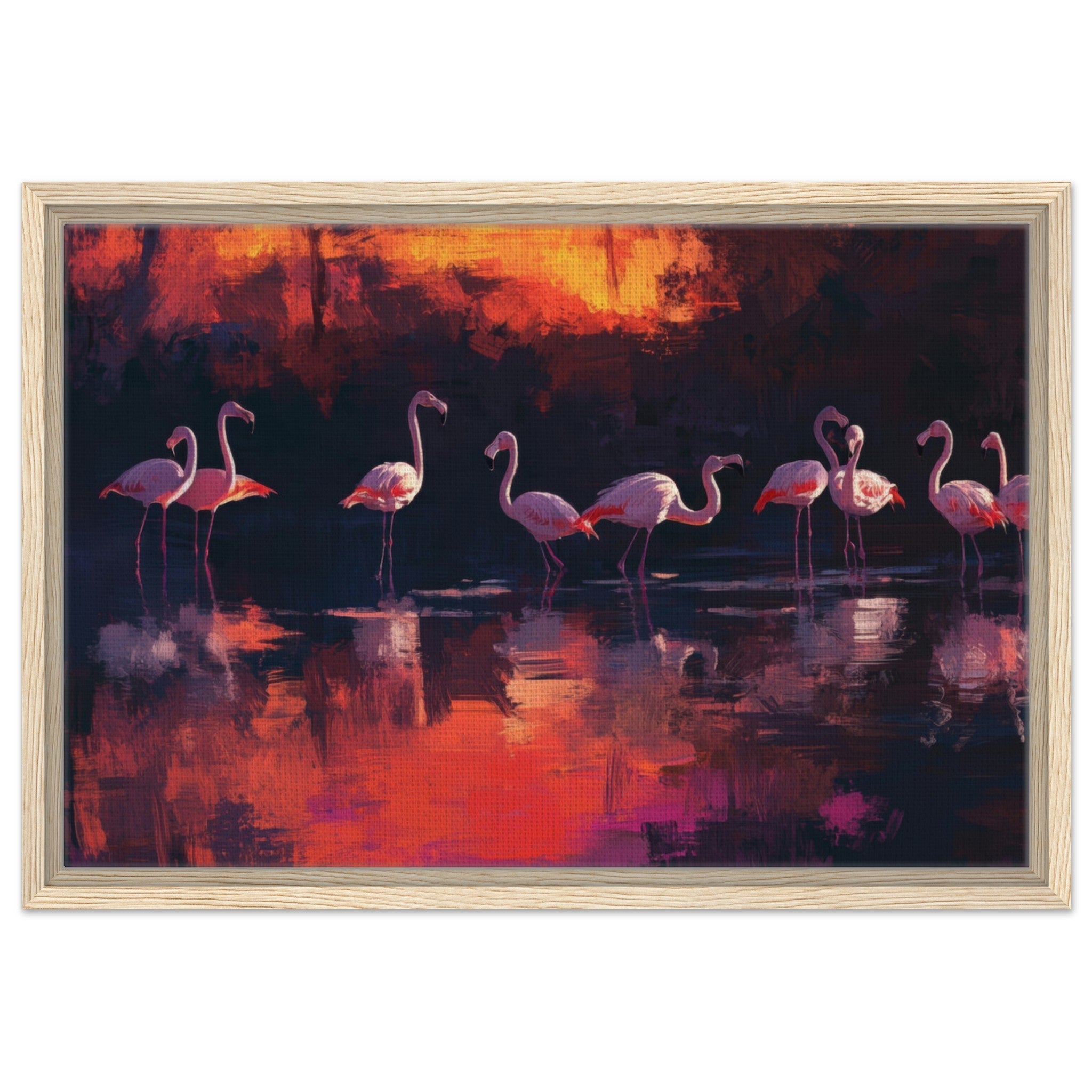 Framed Canvas Landscape - Surreal Flamingo Lake at Sunset Graceful flaming - Shop Ai Art WebShop - Digital Art online Store