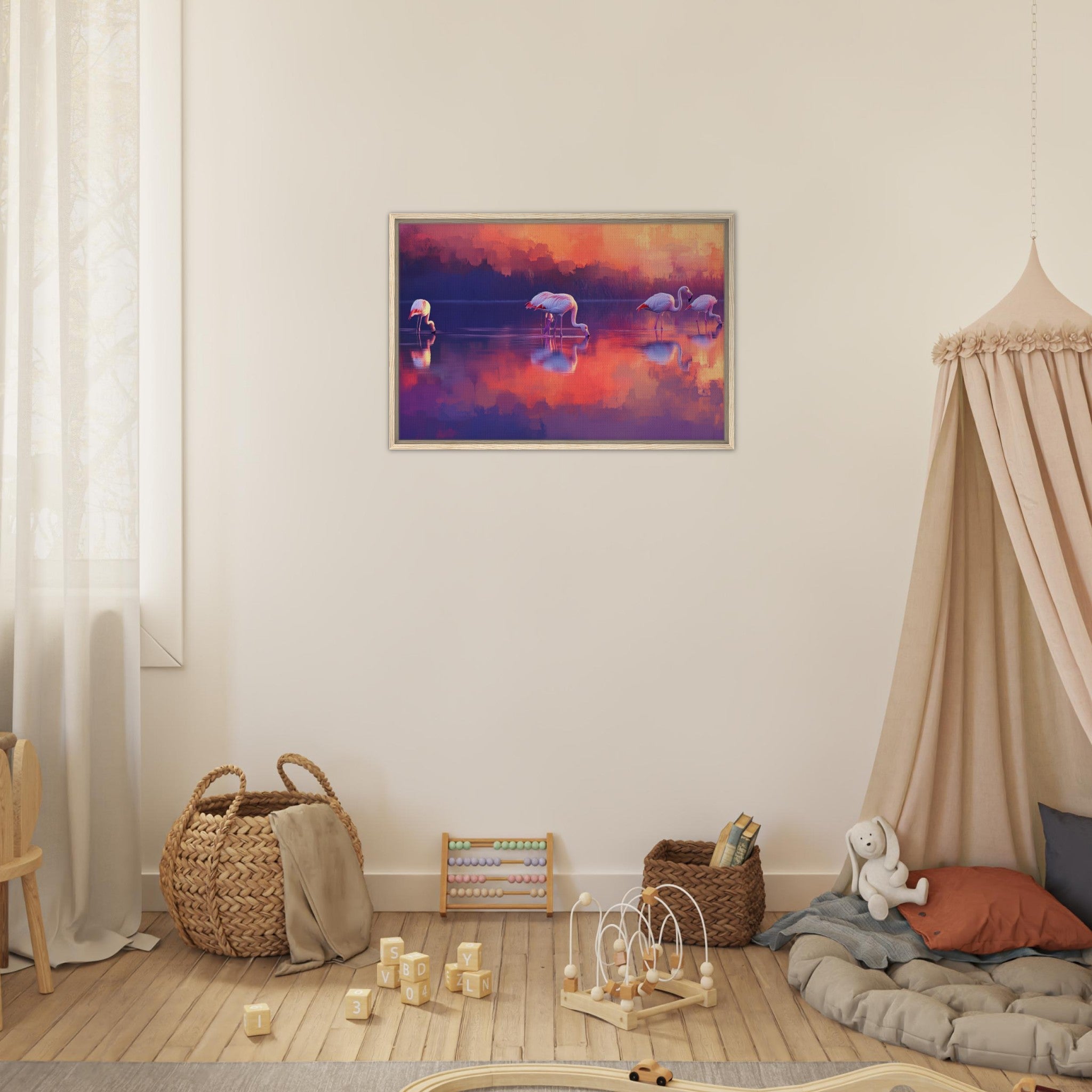 Framed Canvas Landscape - Surreal Flamingo Lake at Sunset Graceful flaming 2 - Shop Ai Art WebShop - Digital Art online Store