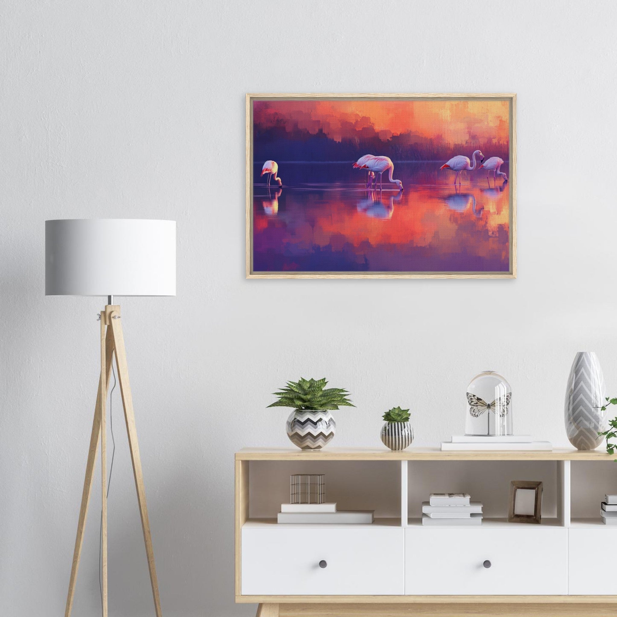 Framed Canvas Landscape - Surreal Flamingo Lake at Sunset Graceful flaming 2 - Shop Ai Art WebShop - Digital Art online Store