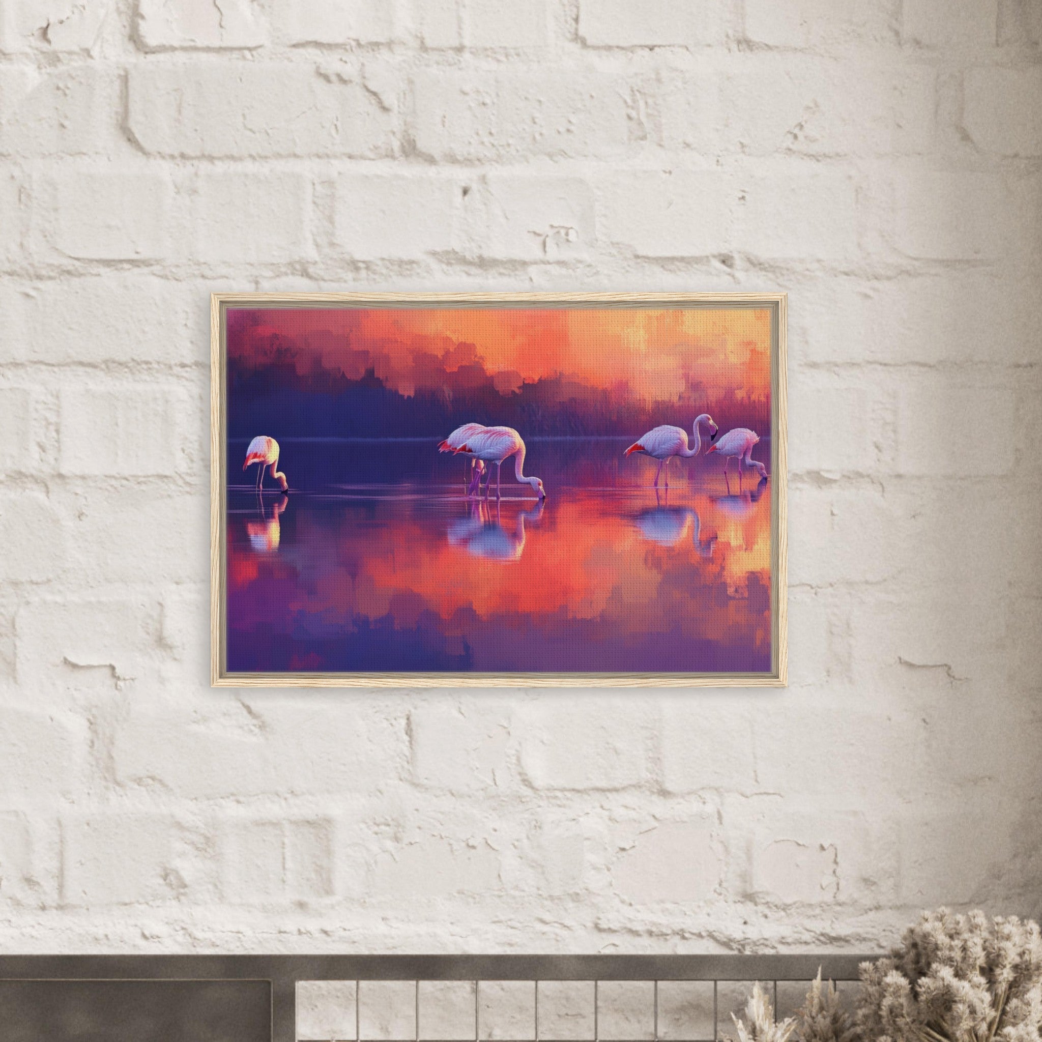 Framed Canvas Landscape - Surreal Flamingo Lake at Sunset Graceful flaming 2 - Shop Ai Art WebShop - Digital Art online Store