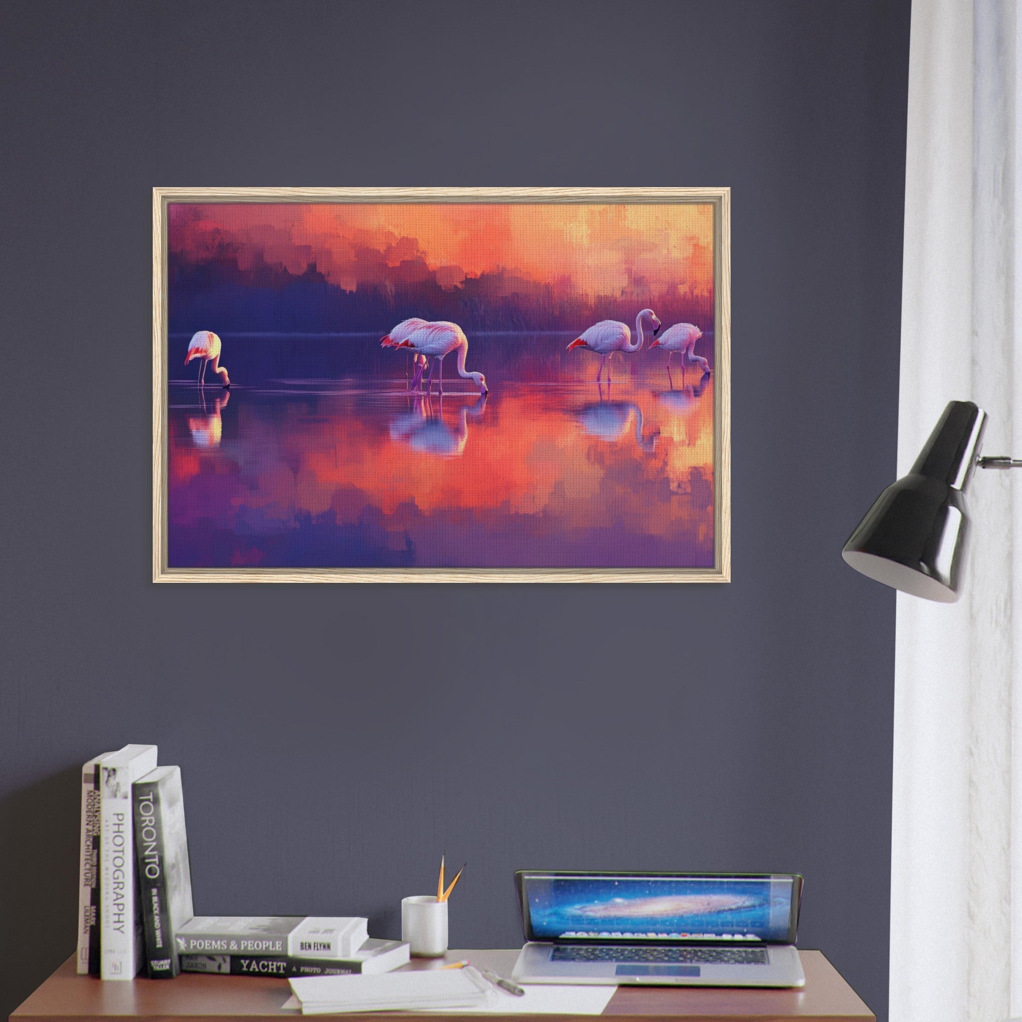 Framed Canvas Landscape - Surreal Flamingo Lake at Sunset Graceful flaming 2 - Shop Ai Art WebShop - Digital Art online Store