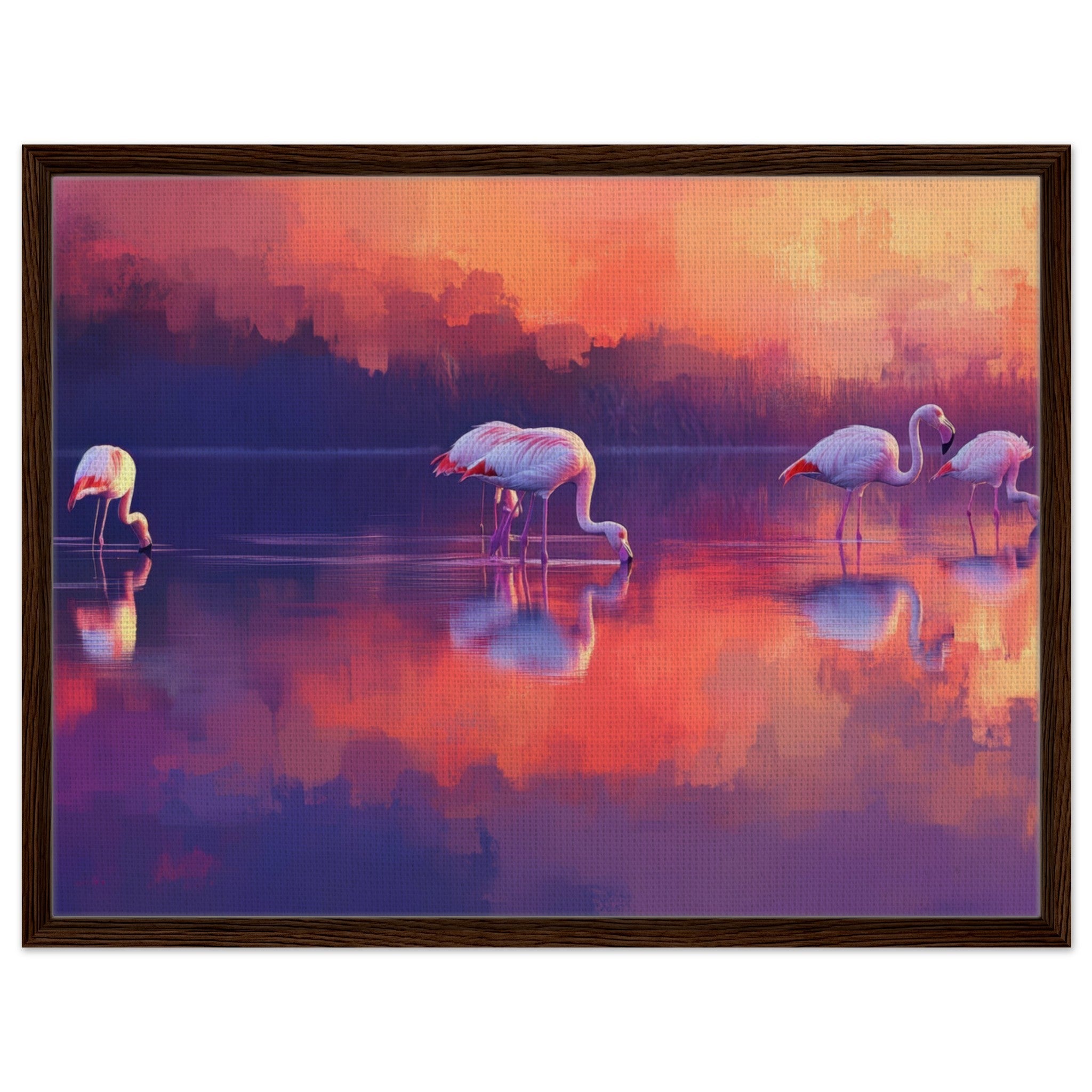 Framed Canvas Landscape - Surreal Flamingo Lake at Sunset Graceful flaming 2 - Shop Ai Art WebShop - Digital Art online Store