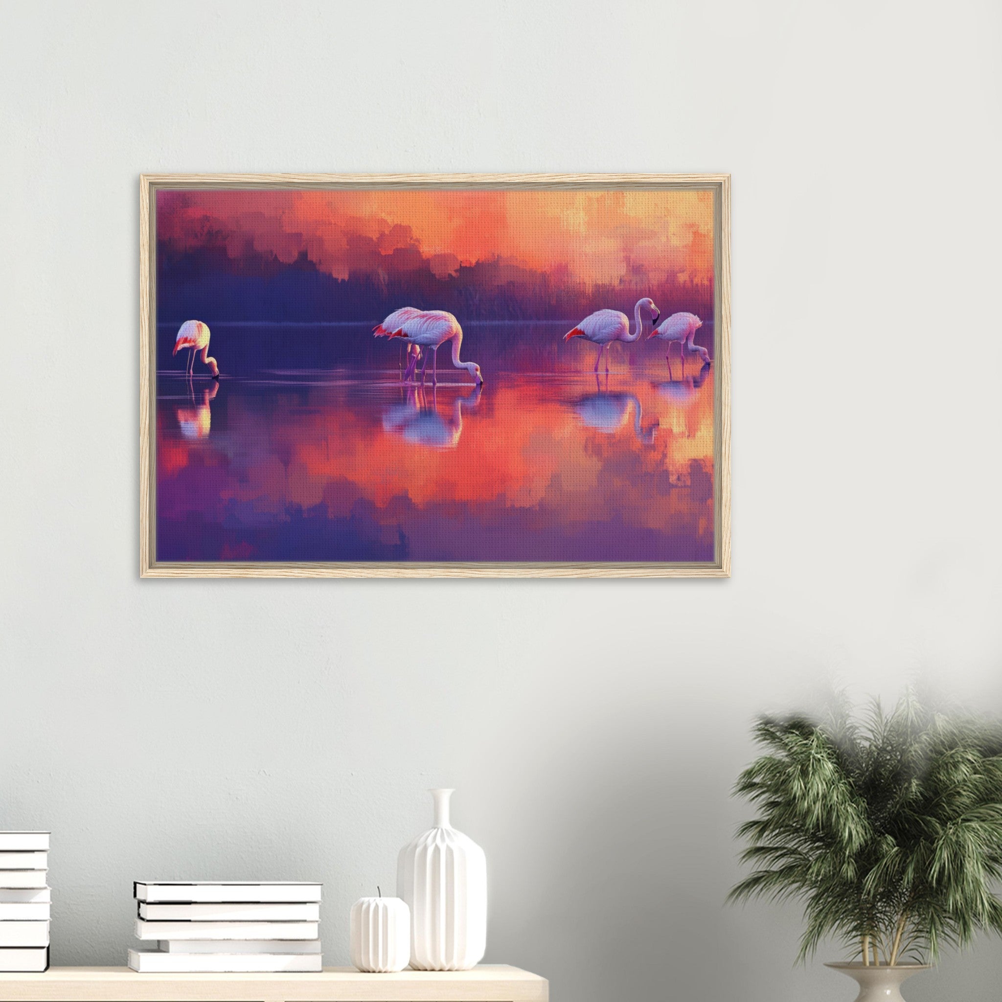 Framed Canvas Landscape - Surreal Flamingo Lake at Sunset Graceful flaming 2 - Shop Ai Art WebShop - Digital Art online Store