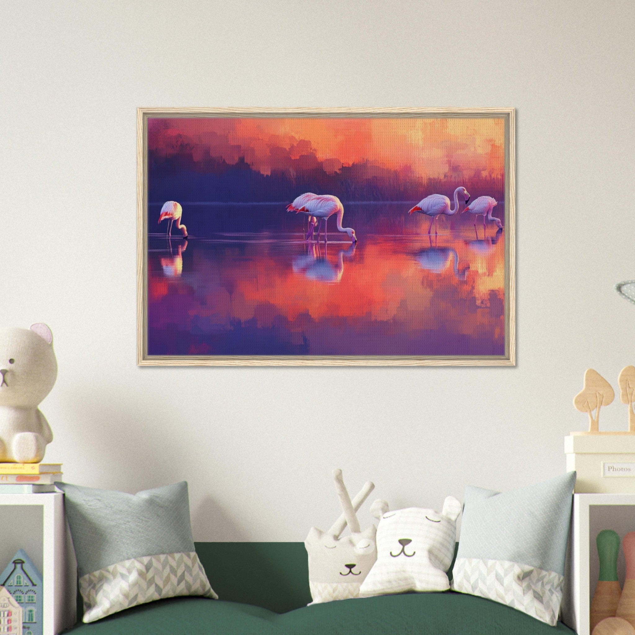 Framed Canvas Landscape - Surreal Flamingo Lake at Sunset Graceful flaming 2 - Shop Ai Art WebShop - Digital Art online Store
