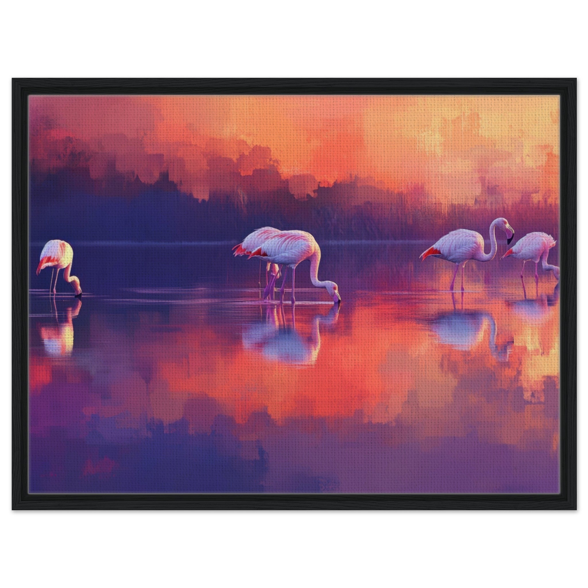 Framed Canvas Landscape - Surreal Flamingo Lake at Sunset Graceful flaming 2 - Shop Ai Art WebShop - Digital Art online Store