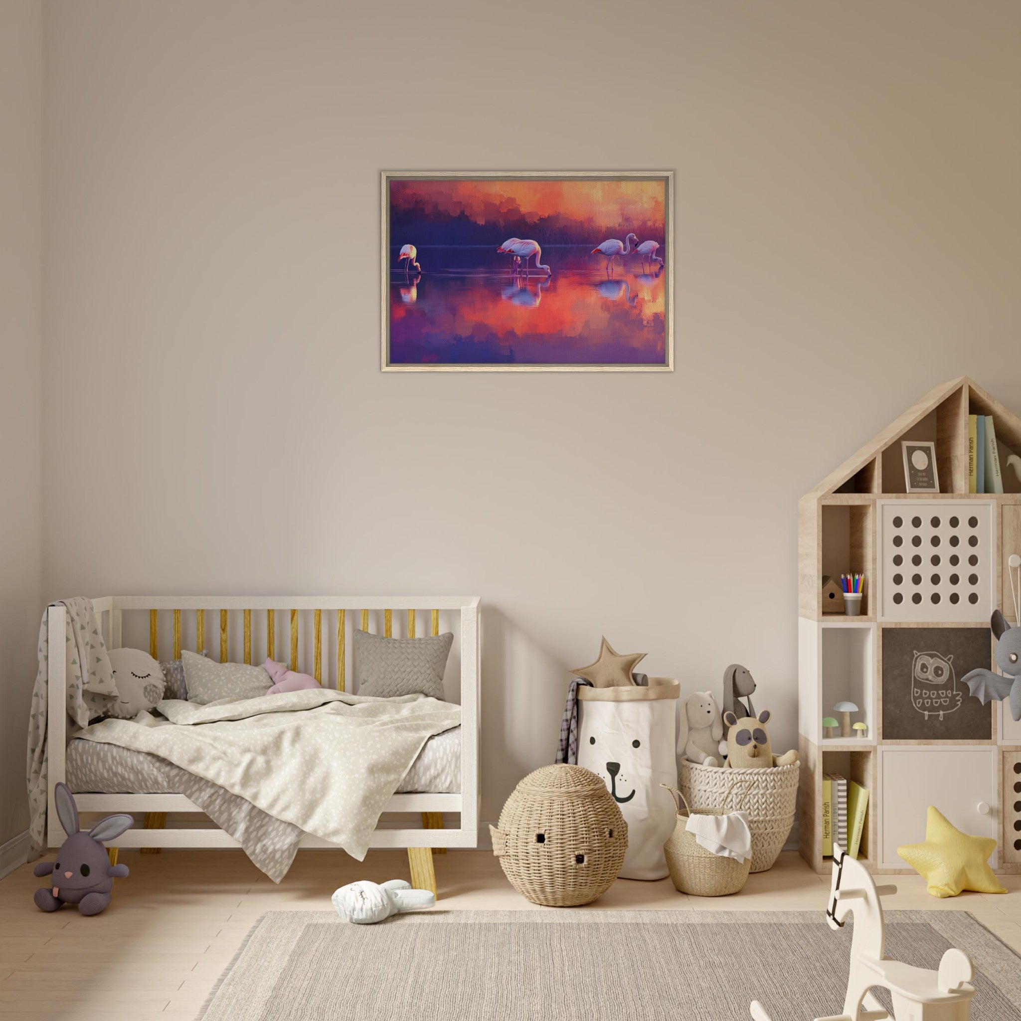 Framed Canvas Landscape - Surreal Flamingo Lake at Sunset Graceful flaming 2 - Shop Ai Art WebShop - Digital Art online Store
