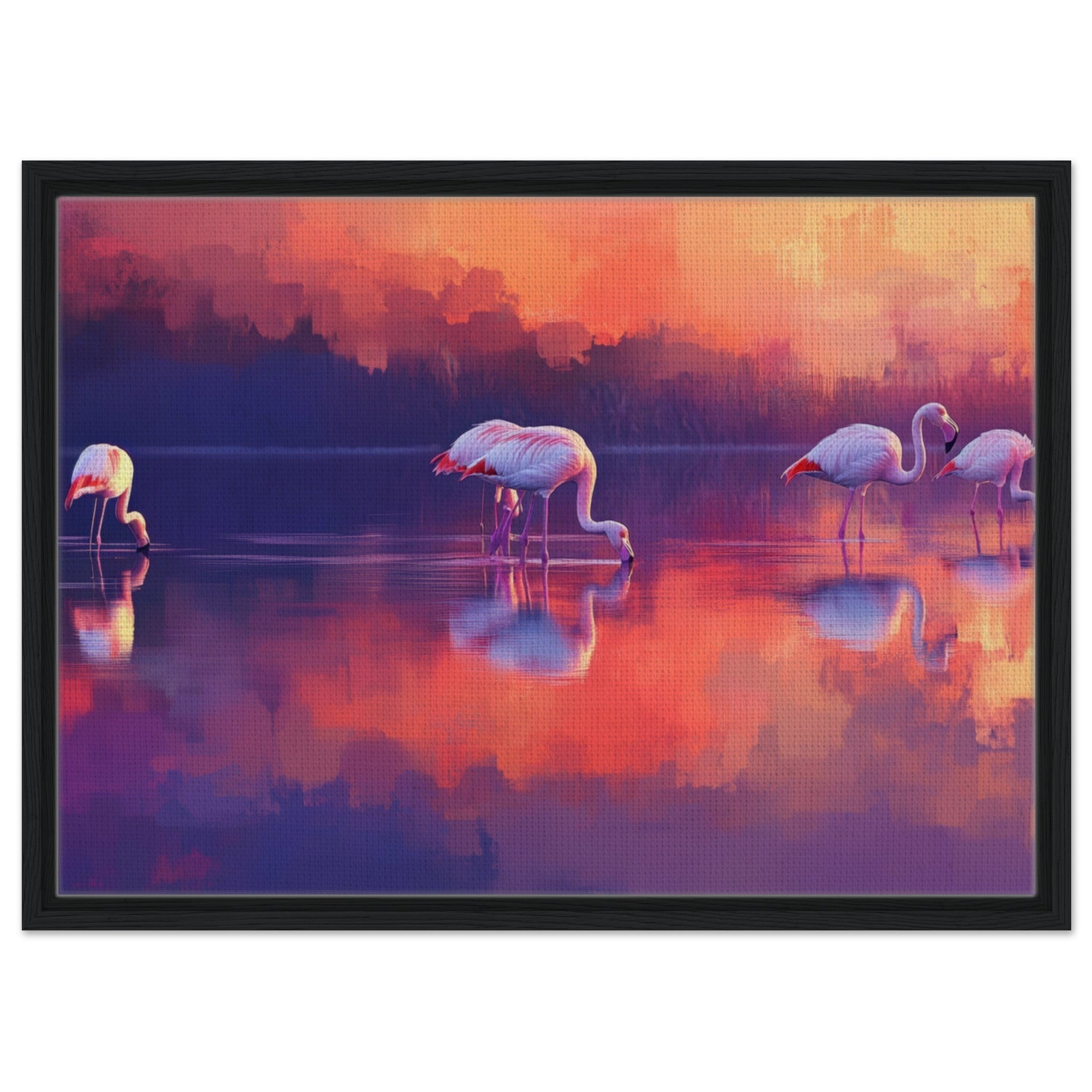 Framed Canvas Landscape - Surreal Flamingo Lake at Sunset Graceful flaming 2 - Shop Ai Art WebShop - Digital Art online Store