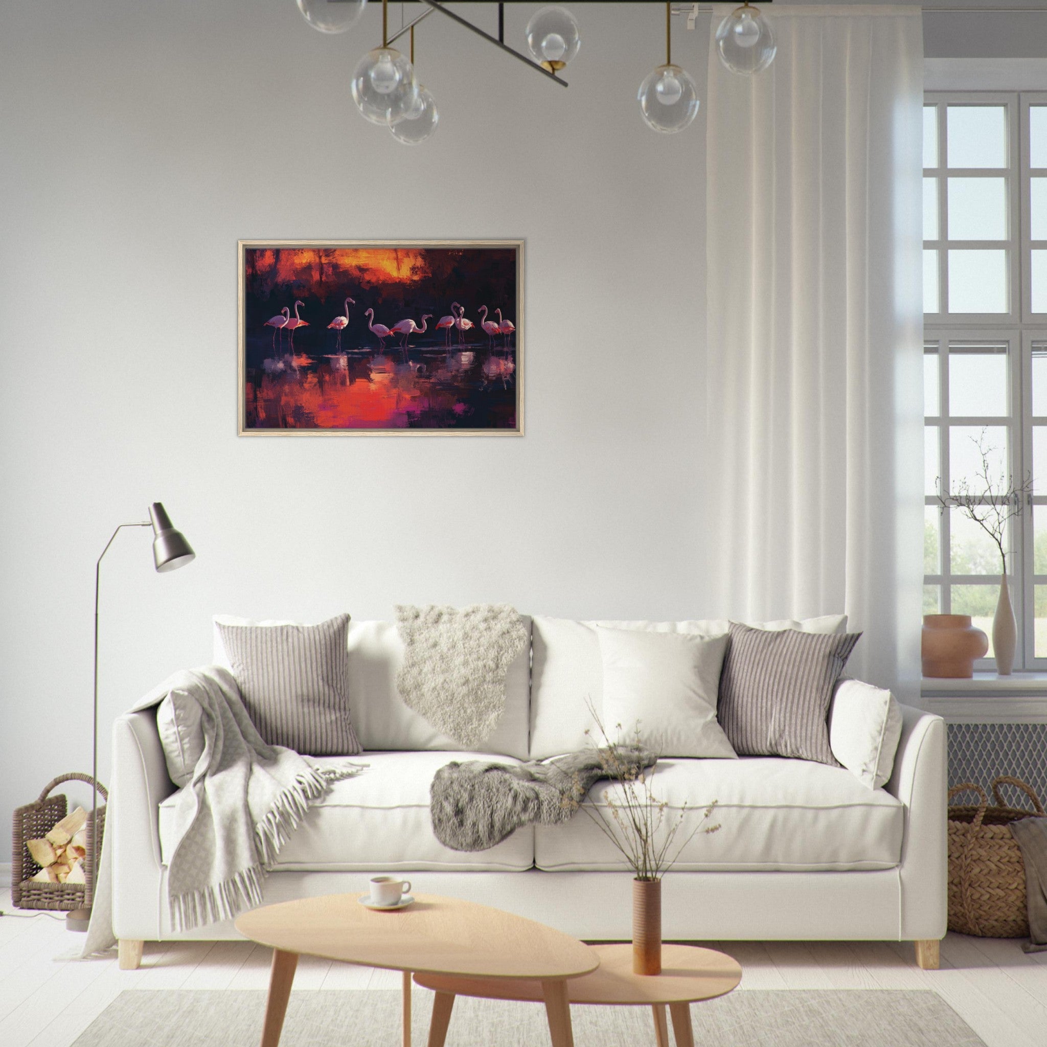 Framed Canvas Landscape - Surreal Flamingo Lake at Sunset Graceful flaming - Shop Ai Art WebShop - Digital Art online Store