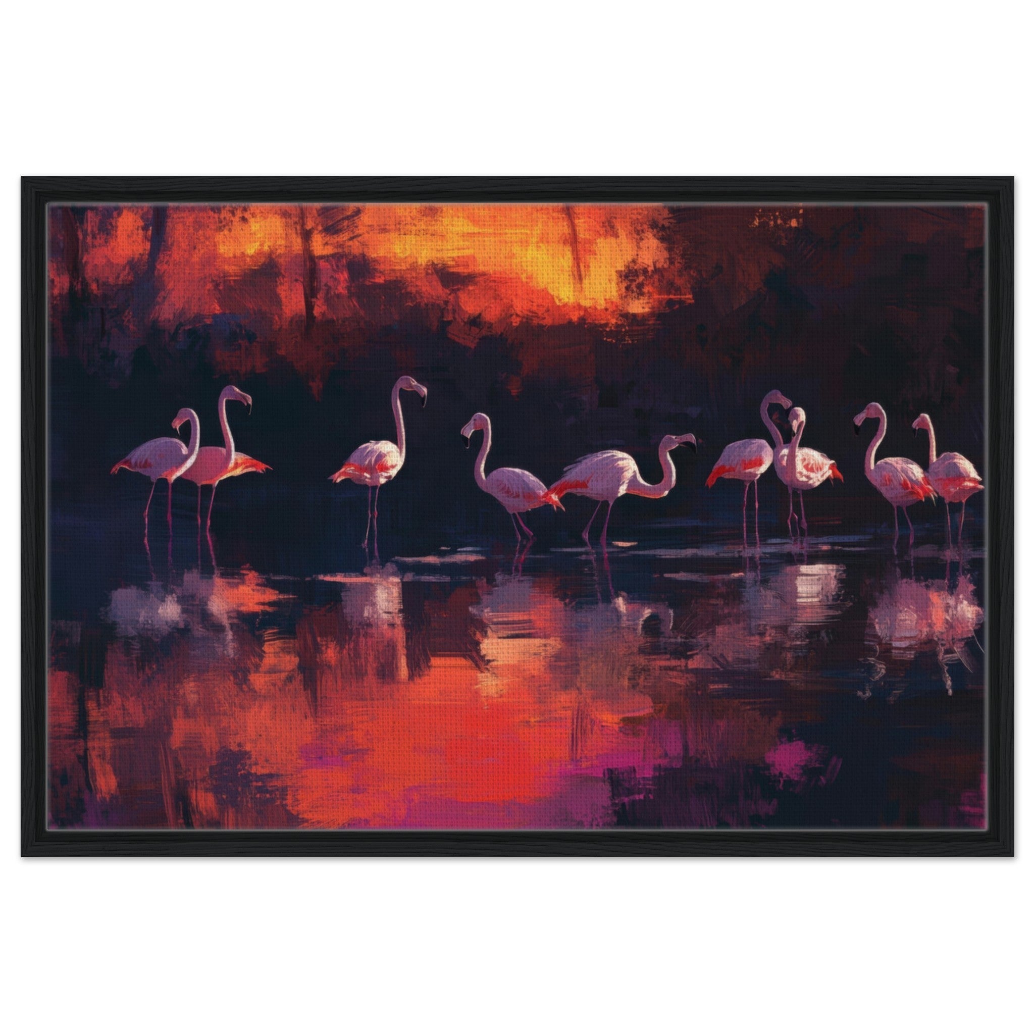 Framed Canvas Landscape - Surreal Flamingo Lake at Sunset Graceful flaming - Shop Ai Art WebShop - Digital Art online Store