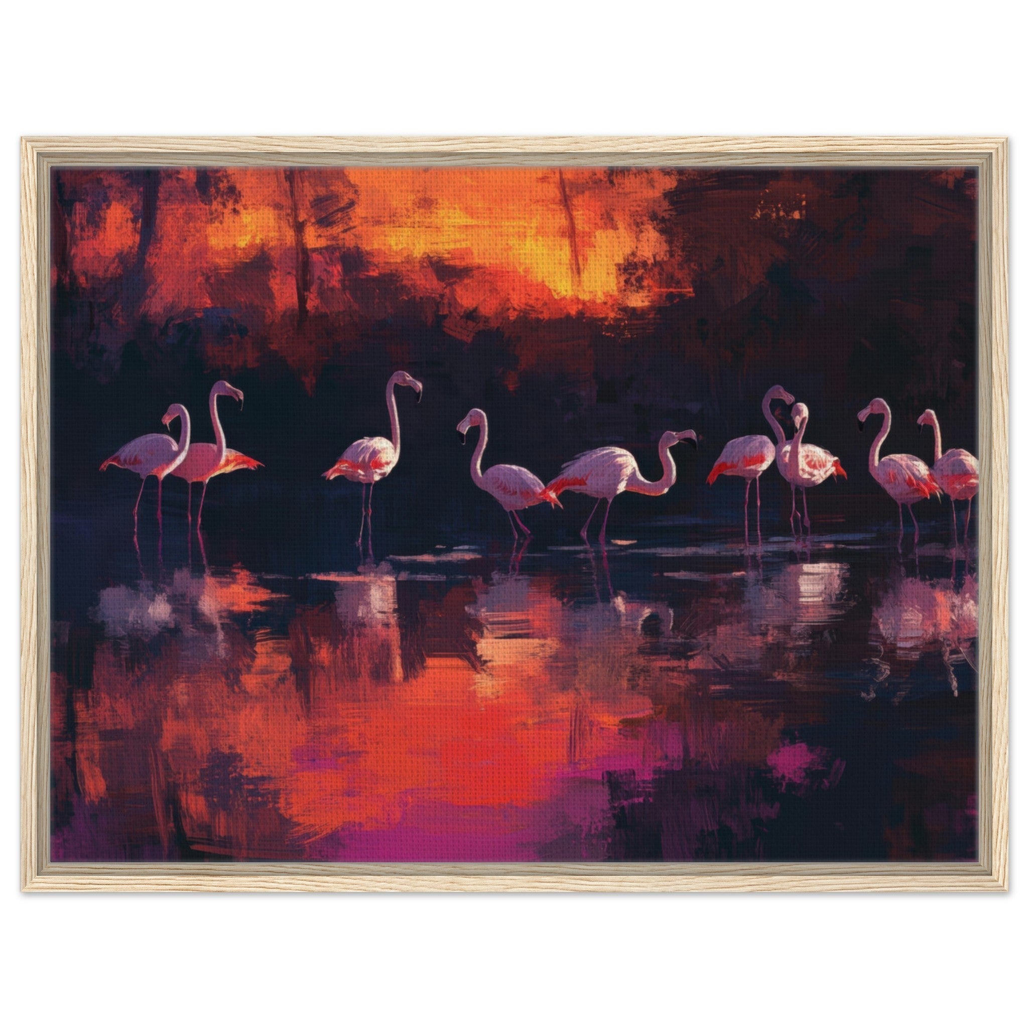 Framed Canvas Landscape - Surreal Flamingo Lake at Sunset Graceful flaming - Shop Ai Art WebShop - Digital Art online Store