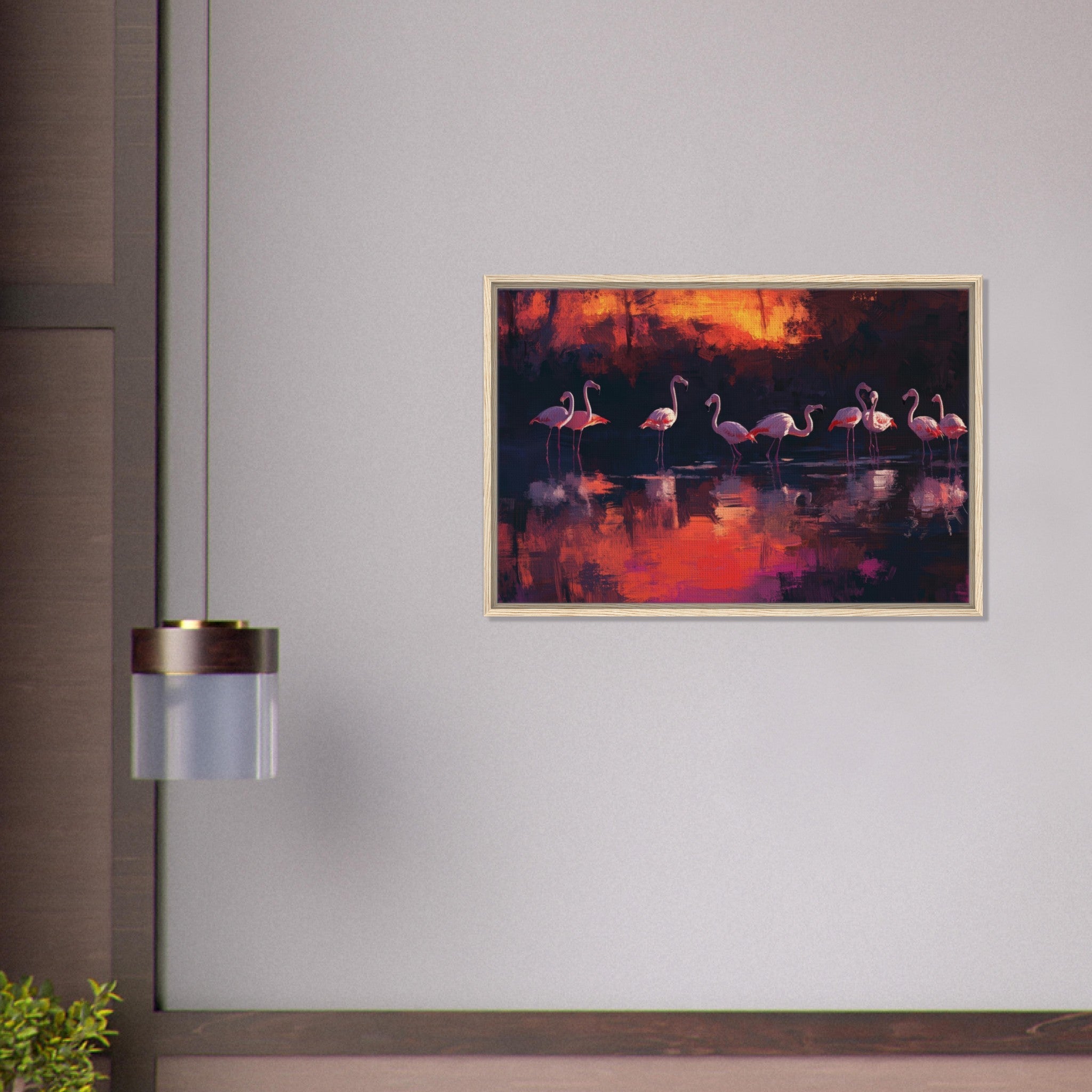 Framed Canvas Landscape - Surreal Flamingo Lake at Sunset Graceful flaming - Shop Ai Art WebShop - Digital Art online Store