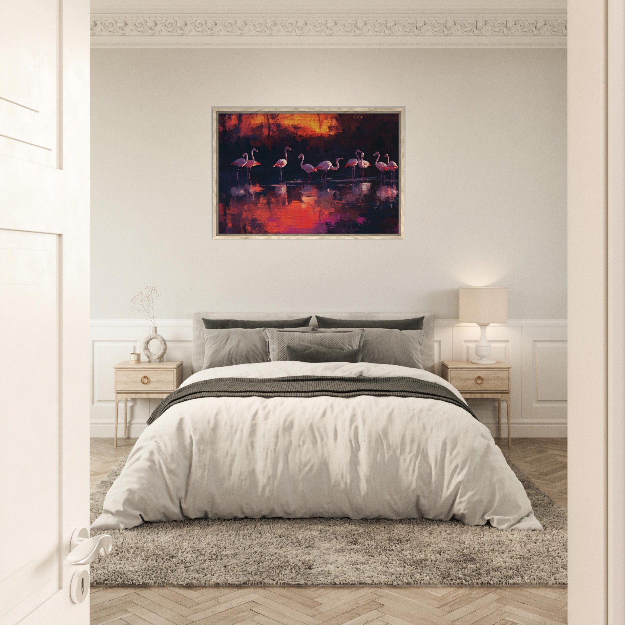 Framed Canvas Landscape - Surreal Flamingo Lake at Sunset Graceful flaming - Shop Ai Art WebShop - Digital Art online Store