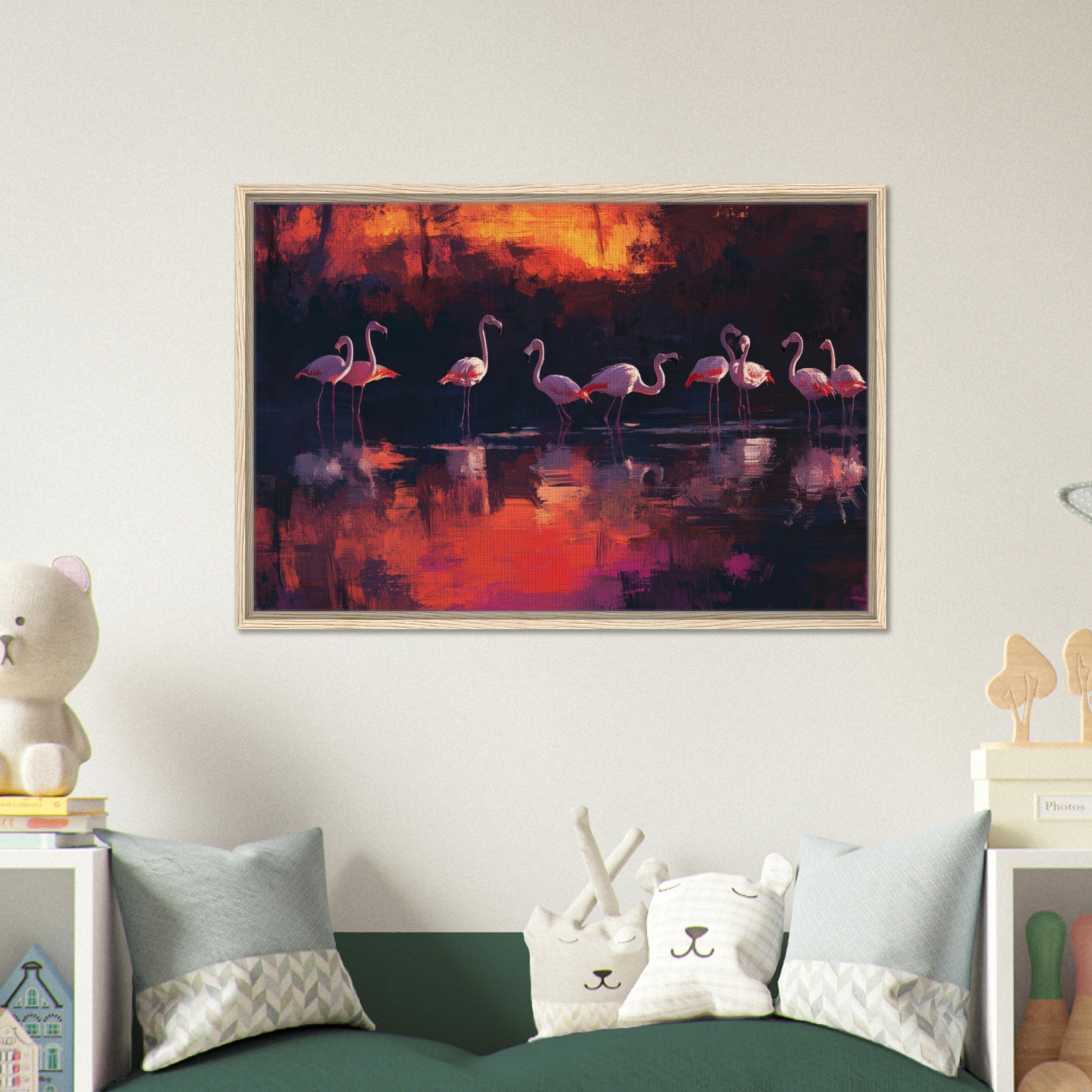 Framed Canvas Landscape - Surreal Flamingo Lake at Sunset Graceful flaming - Shop Ai Art WebShop - Digital Art online Store