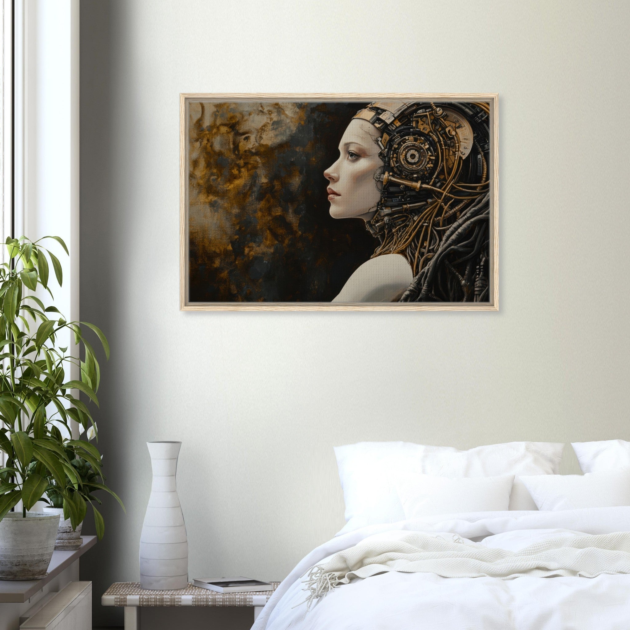 Framed Canvas Landscape - Surrealist Hybrid Queen on a Biomechanical Thrown - Shop Ai Art WebShop - Digital Art online Store