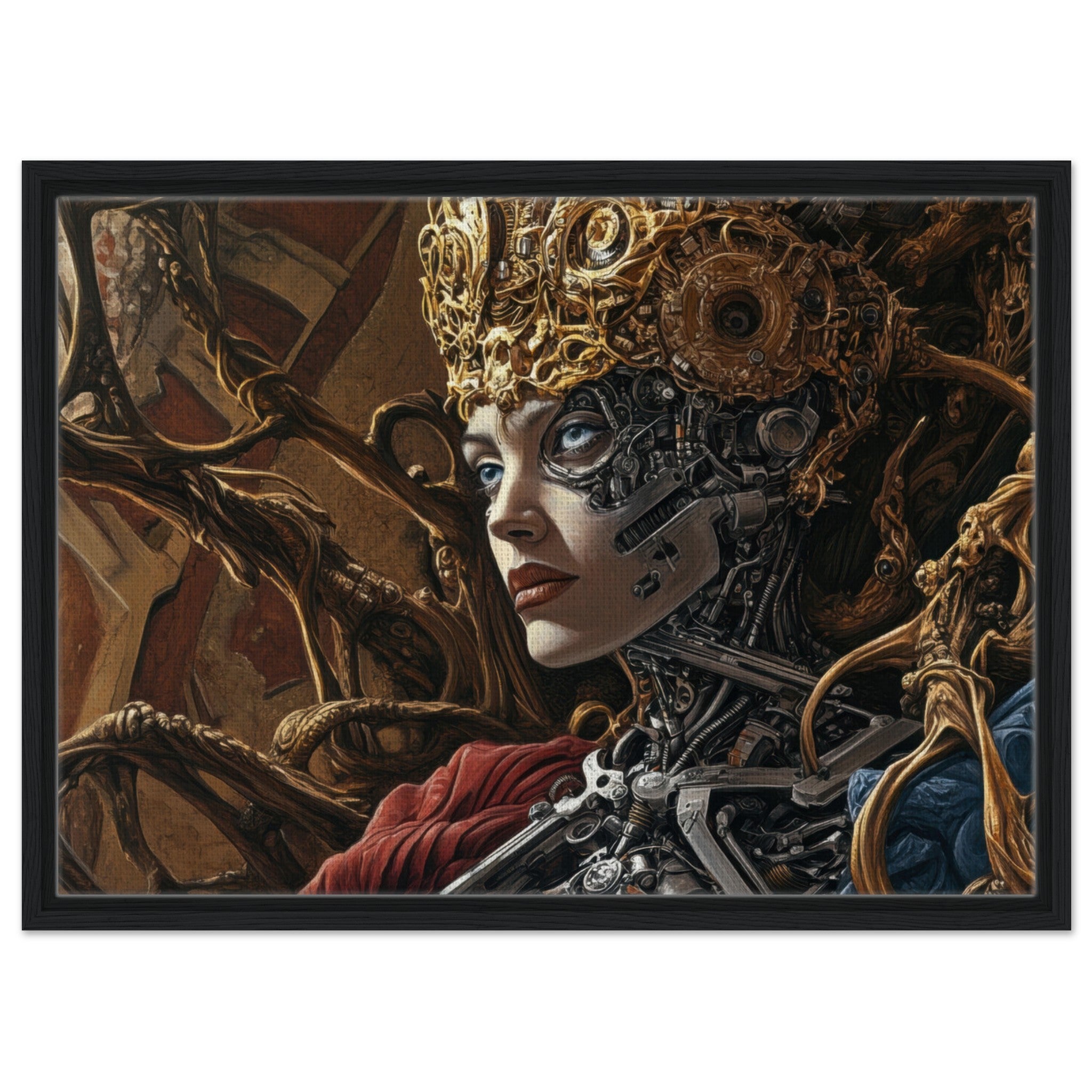 Framed Canvas Landscape - Surrealist Hybrid Queen on a Biomechanical Thrown 3 - Shop Ai Art WebShop - Digital Art online Store