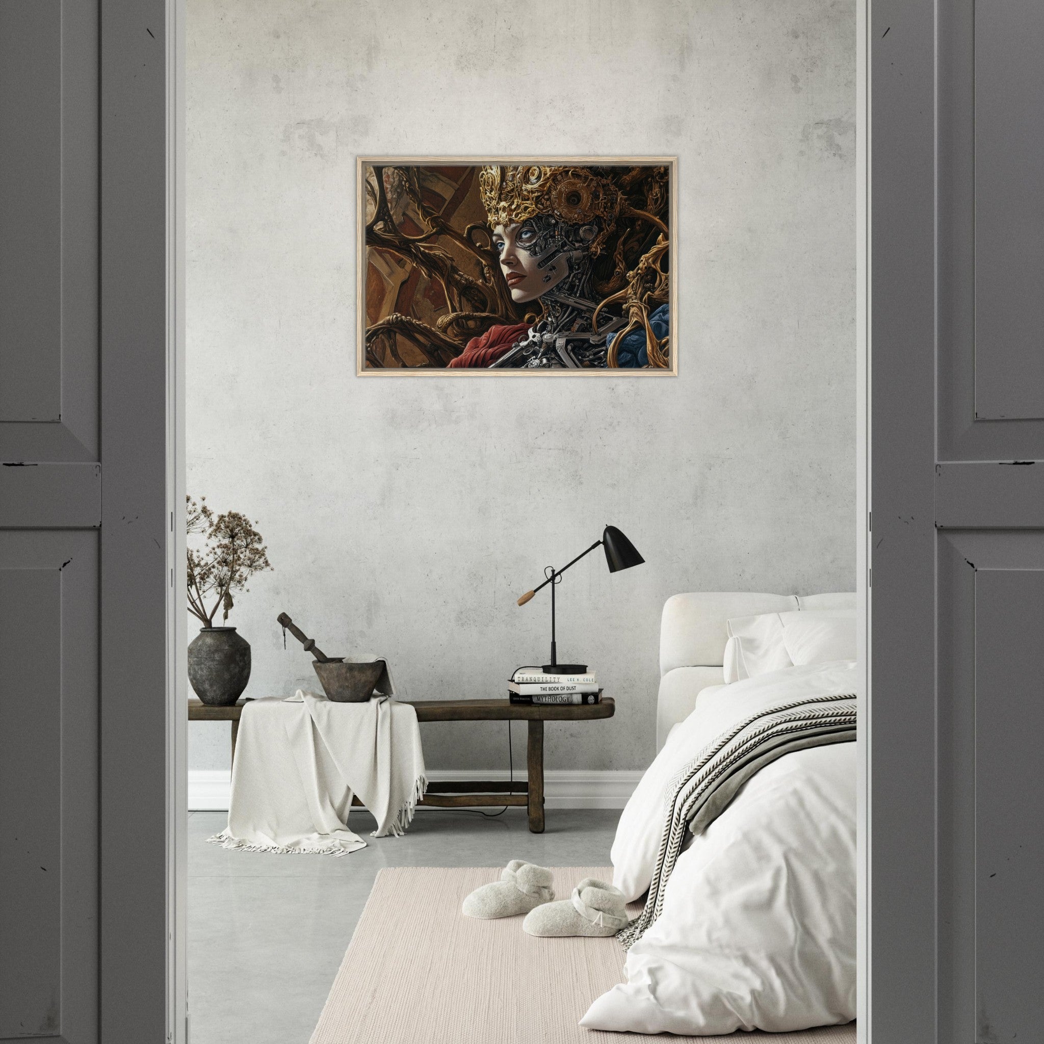Framed Canvas Landscape - Surrealist Hybrid Queen on a Biomechanical Thrown 3 - Shop Ai Art WebShop - Digital Art online Store