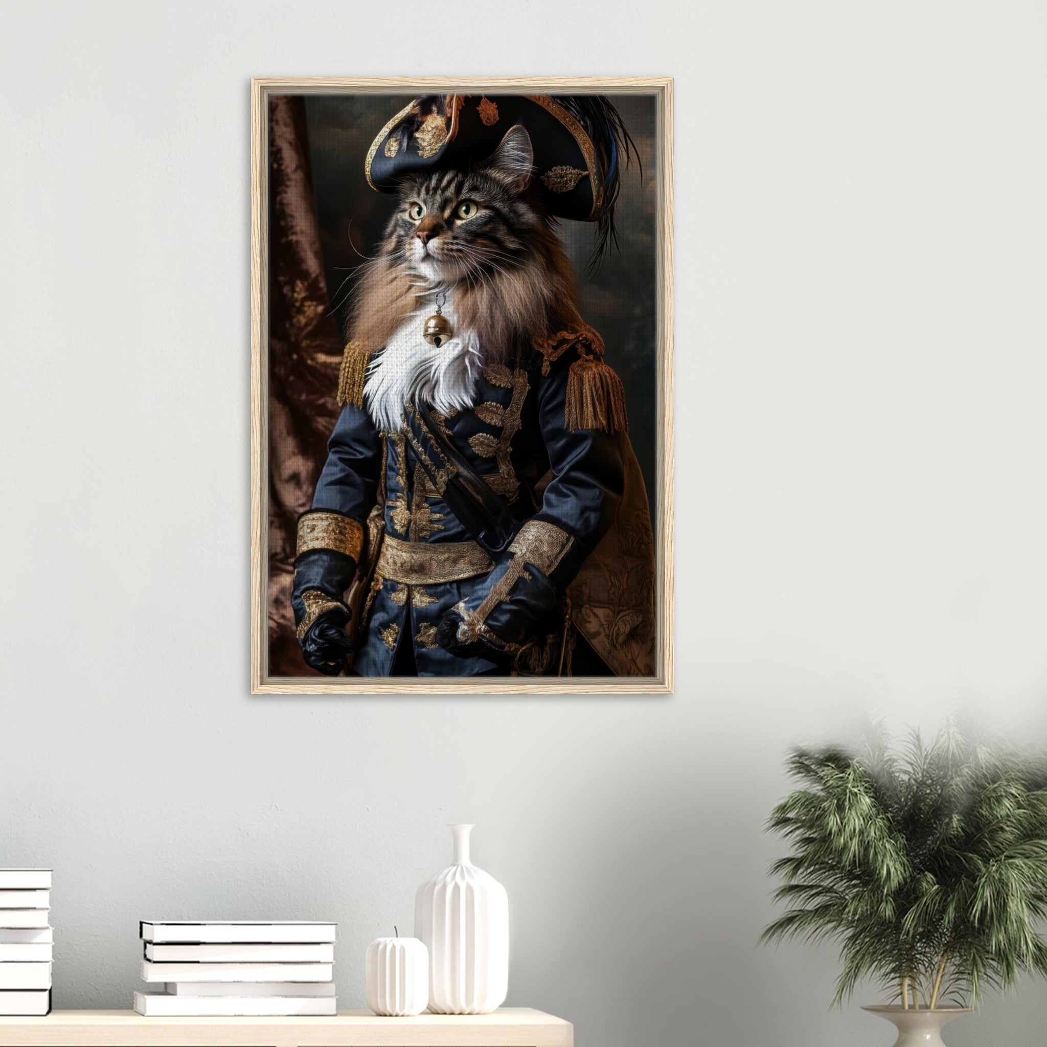 Framed Canvas Portrait - Baroque Military Commander Cat A fierce - looking - Shop Ai Art WebShop - Digital Art online Store