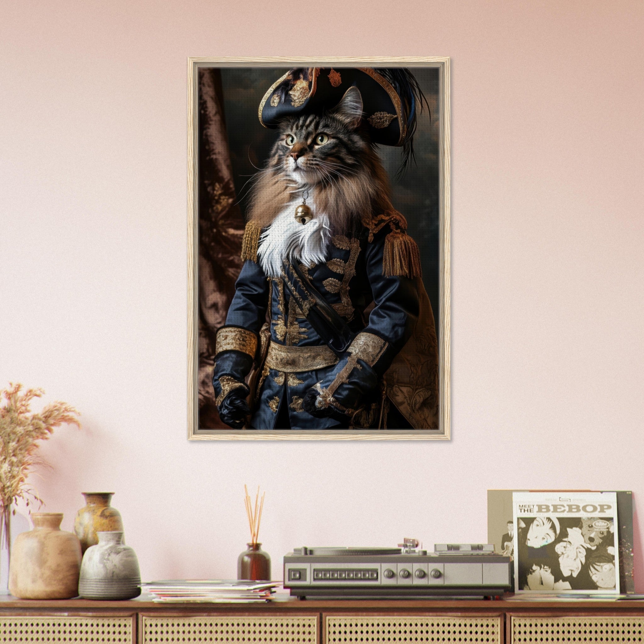 Framed Canvas Portrait - Baroque Military Commander Cat A fierce - looking - Shop Ai Art WebShop - Digital Art online Store