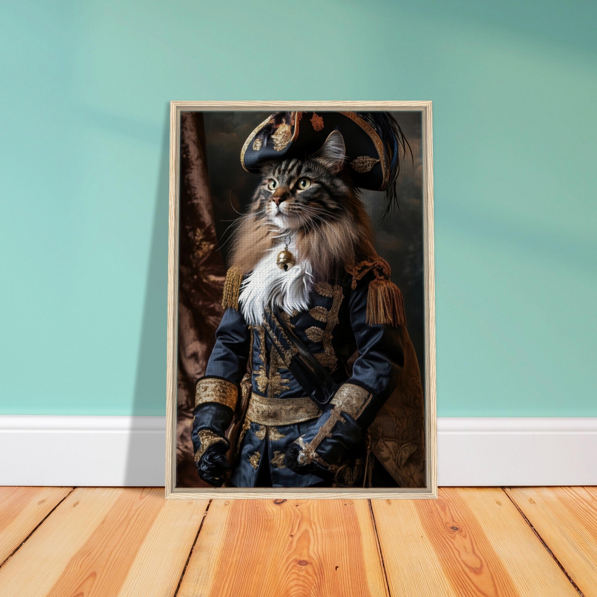 Framed Canvas Portrait - Baroque Military Commander Cat A fierce - looking - Shop Ai Art WebShop - Digital Art online Store