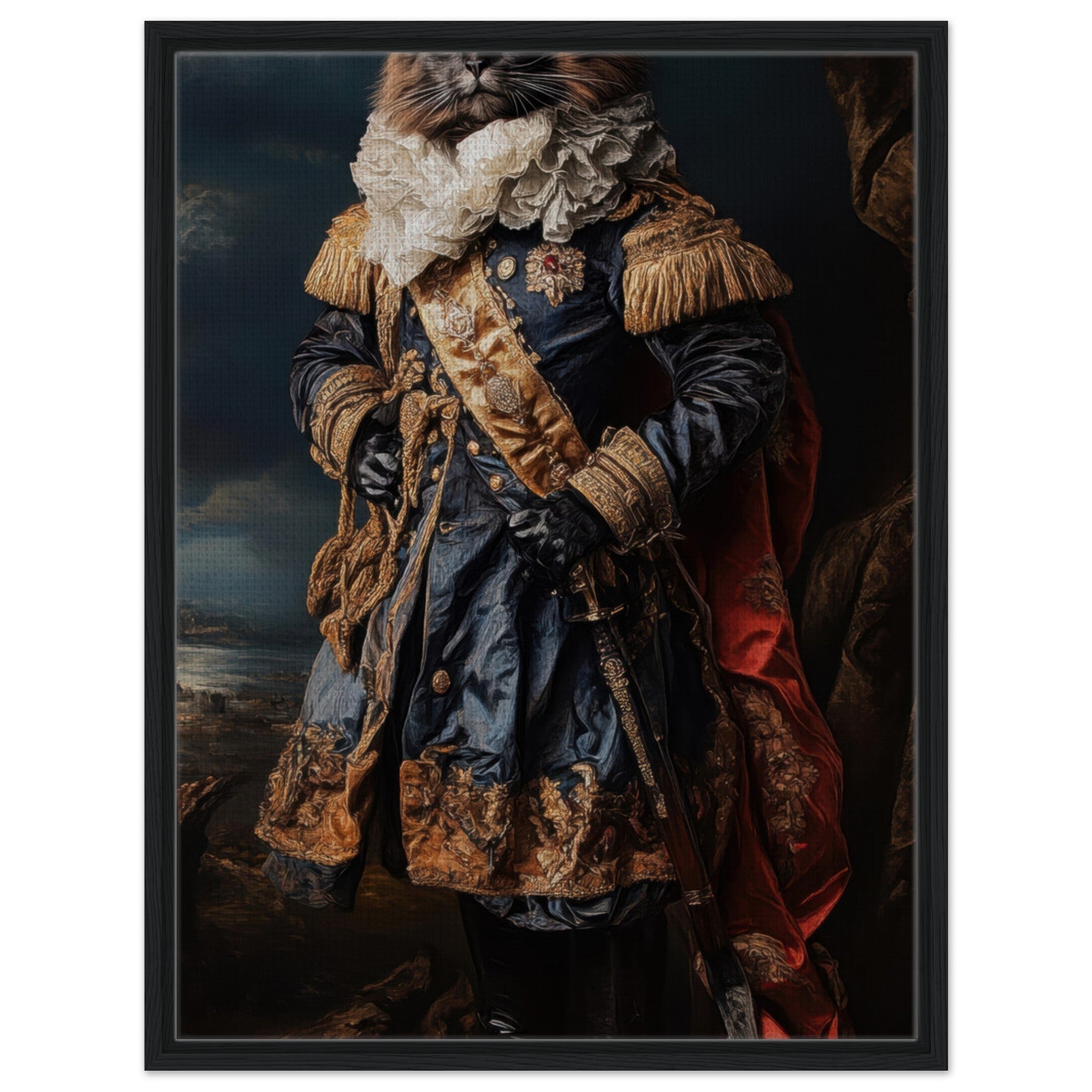 Framed Canvas Portrait - Baroque Military Commander Cat A fierce - looking 8 - Shop Ai Art WebShop - Digital Art online Store