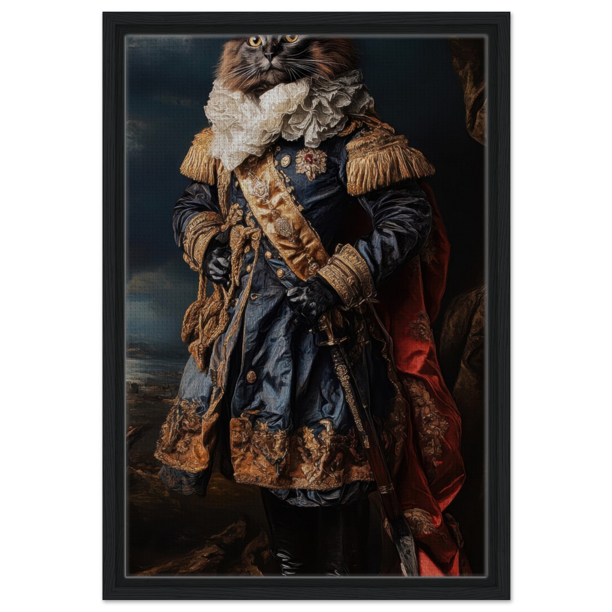 Framed Canvas Portrait - Baroque Military Commander Cat A fierce - looking 8 - Shop Ai Art WebShop - Digital Art online Store