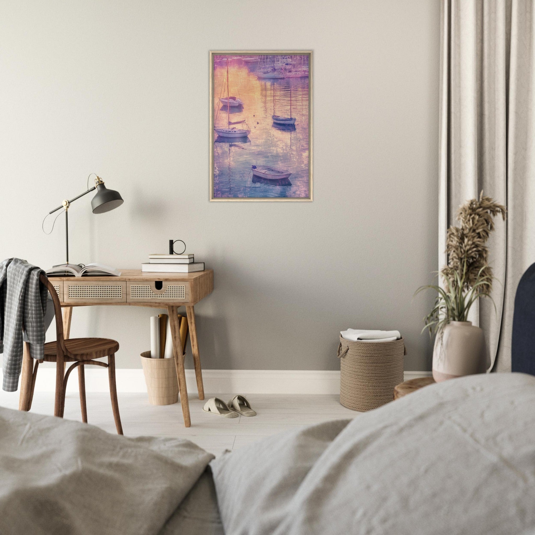 Framed Canvas Portrait - Boats at Dusk A harbor filled with gently rocky 3 - Shop Ai Art WebShop - Digital Art online Store