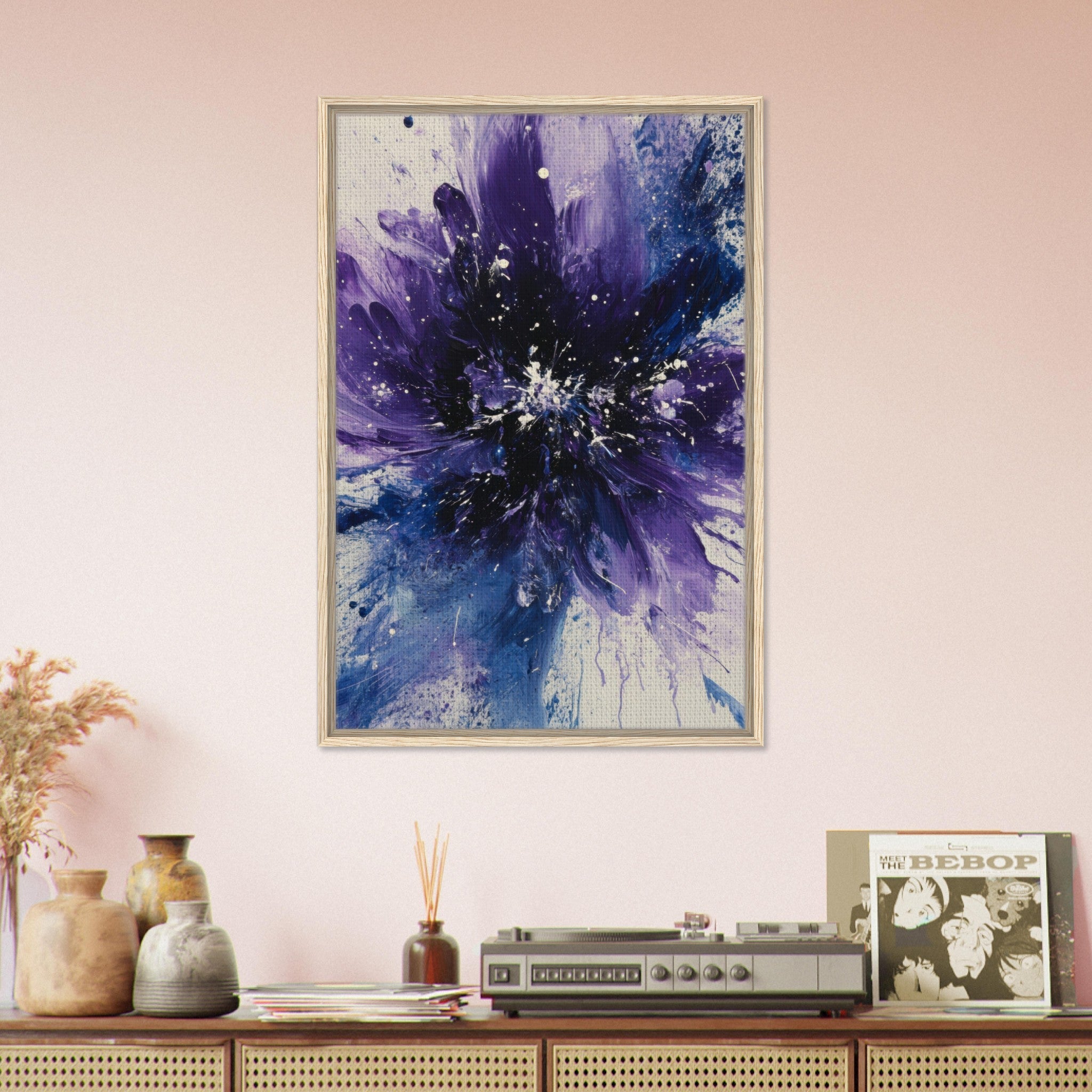 Framed Canvas Portrait - Cosmic Bloom An abstract explosion of deep purple - Shop Ai Art WebShop - Digital Art online Store