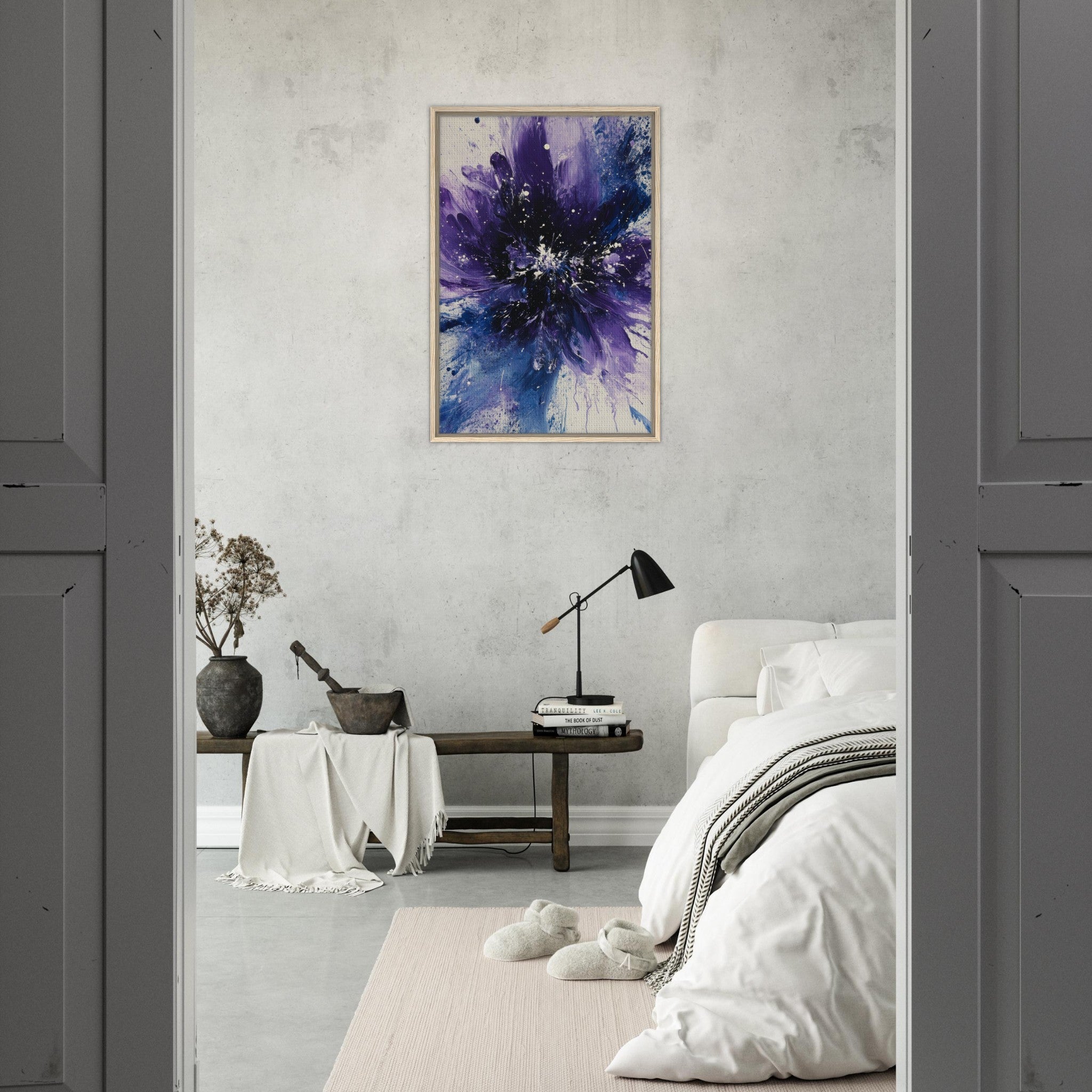 Framed Canvas Portrait - Cosmic Bloom An abstract explosion of deep purple - Shop Ai Art WebShop - Digital Art online Store