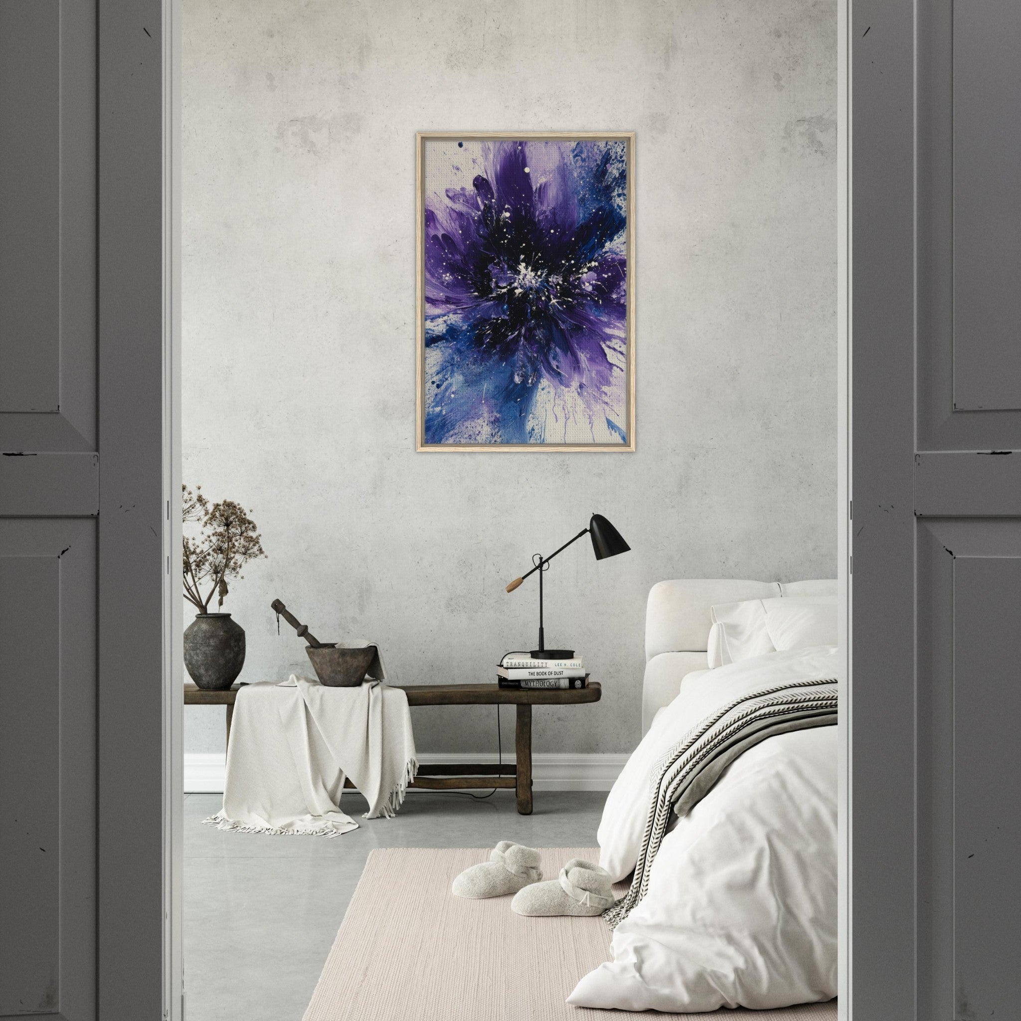 Framed Canvas Portrait - Cosmic Bloom An abstract explosion of deep purple - Shop Ai Art WebShop - Digital Art online Store