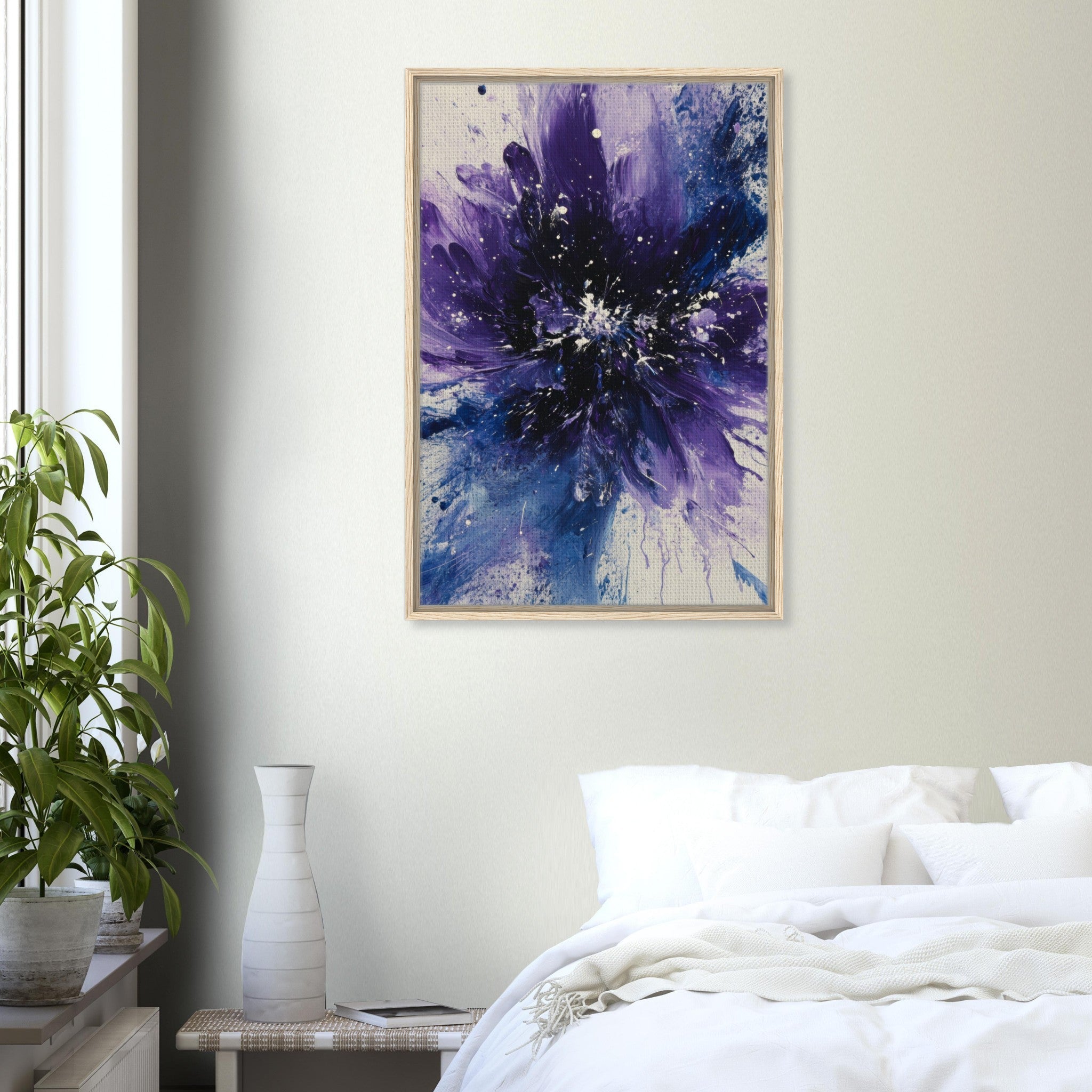 Framed Canvas Portrait - Cosmic Bloom An abstract explosion of deep purple - Shop Ai Art WebShop - Digital Art online Store