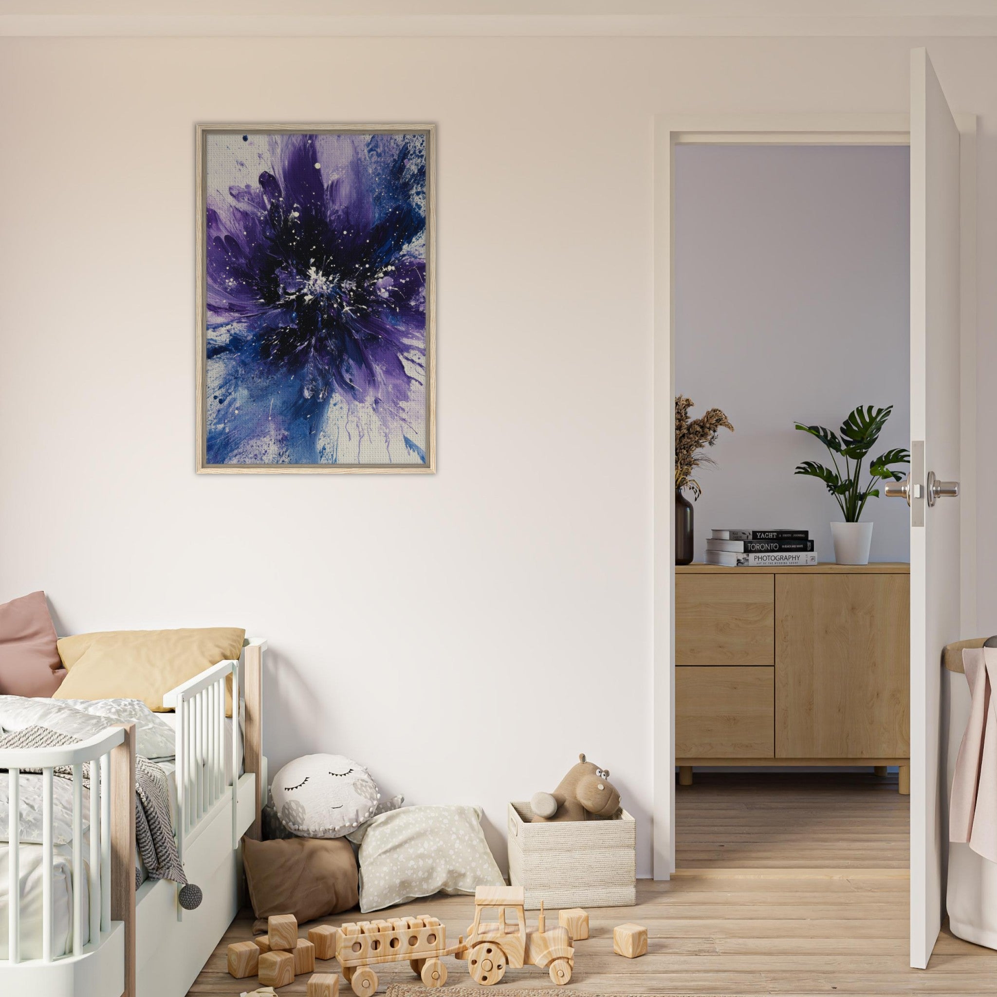Framed Canvas Portrait - Cosmic Bloom An abstract explosion of deep purple - Shop Ai Art WebShop - Digital Art online Store