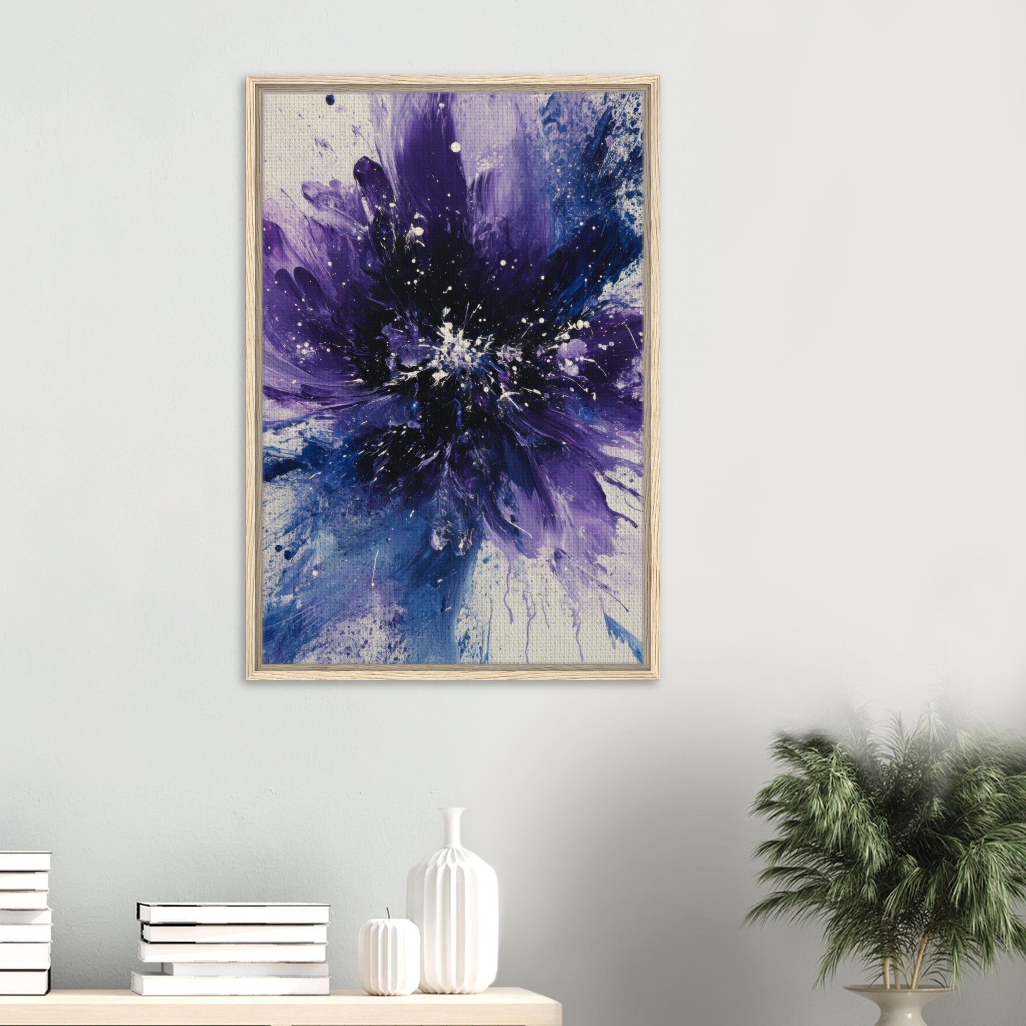 Framed Canvas Portrait - Cosmic Bloom An abstract explosion of deep purple - Shop Ai Art WebShop - Digital Art online Store