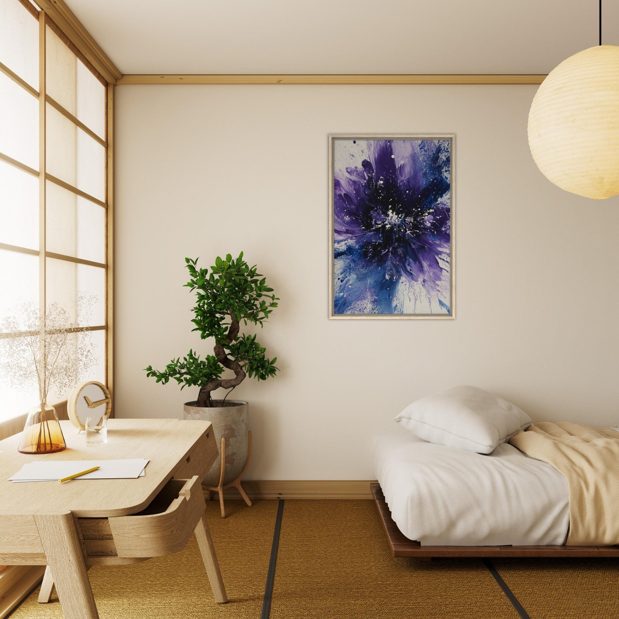 Framed Canvas Portrait - Cosmic Bloom An abstract explosion of deep purple - Shop Ai Art WebShop - Digital Art online Store
