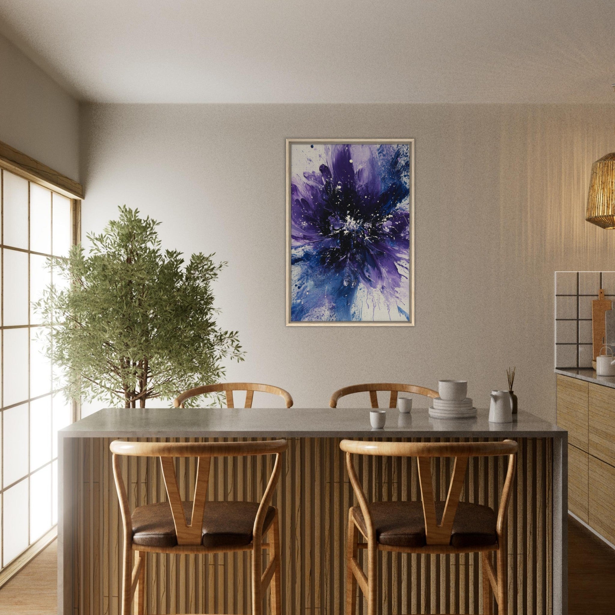 Framed Canvas Portrait - Cosmic Bloom An abstract explosion of deep purple - Shop Ai Art WebShop - Digital Art online Store