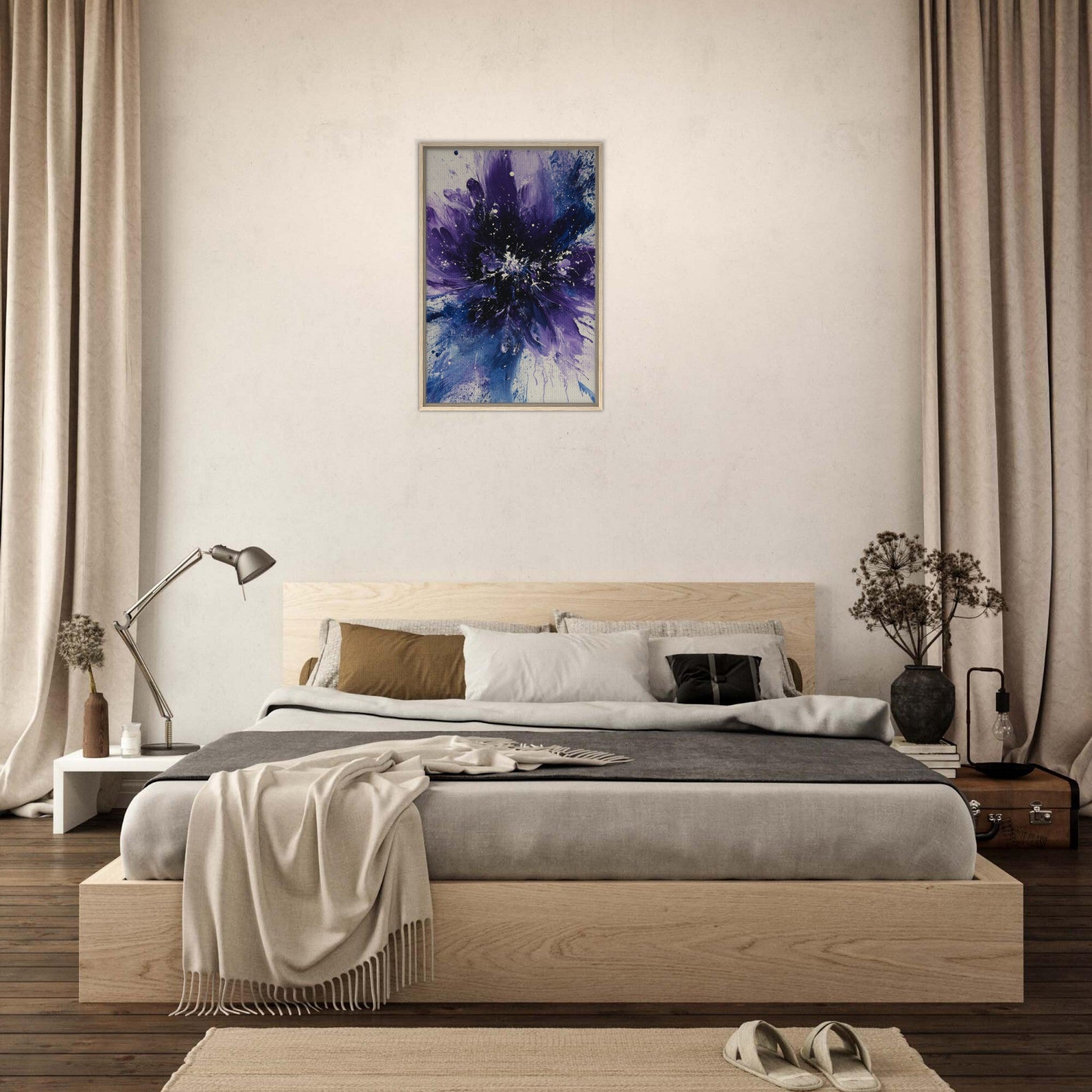 Framed Canvas Portrait - Cosmic Bloom An abstract explosion of deep purple - Shop Ai Art WebShop - Digital Art online Store