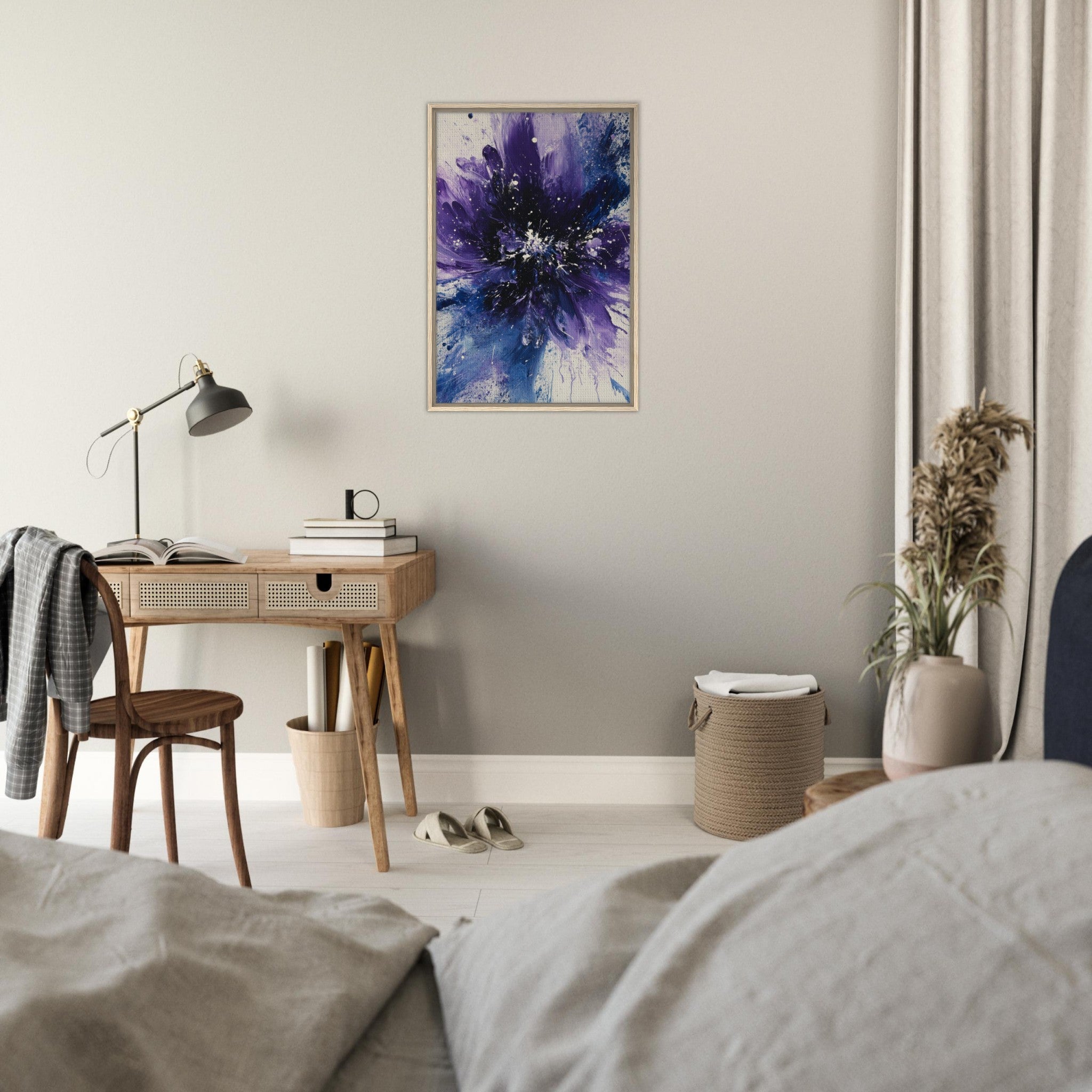 Framed Canvas Portrait - Cosmic Bloom An abstract explosion of deep purple - Shop Ai Art WebShop - Digital Art online Store