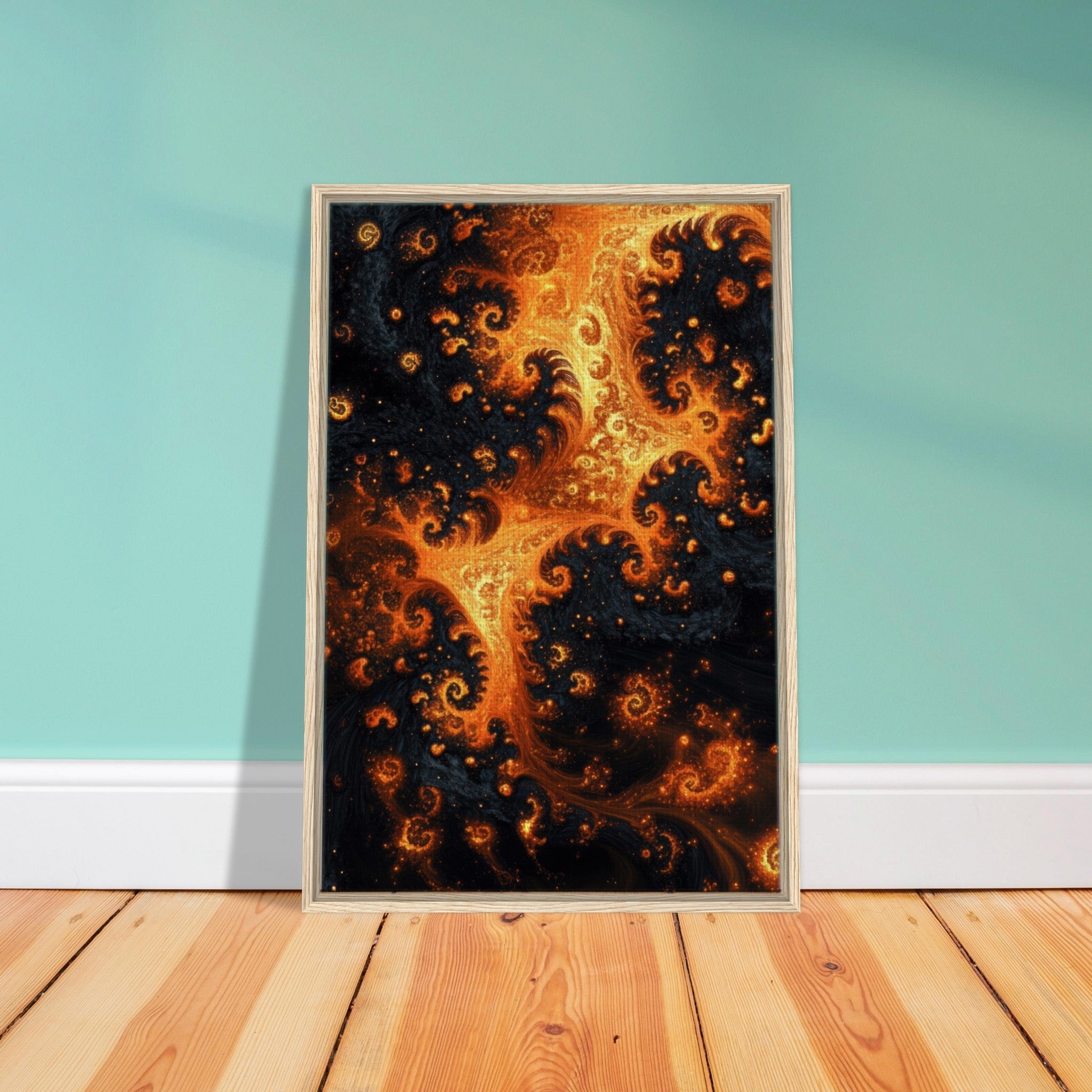 Framed Canvas Portrait - Ember Genesis A volatile burst of molten gold - Shop Ai Art WebShop - Digital Art online Store
