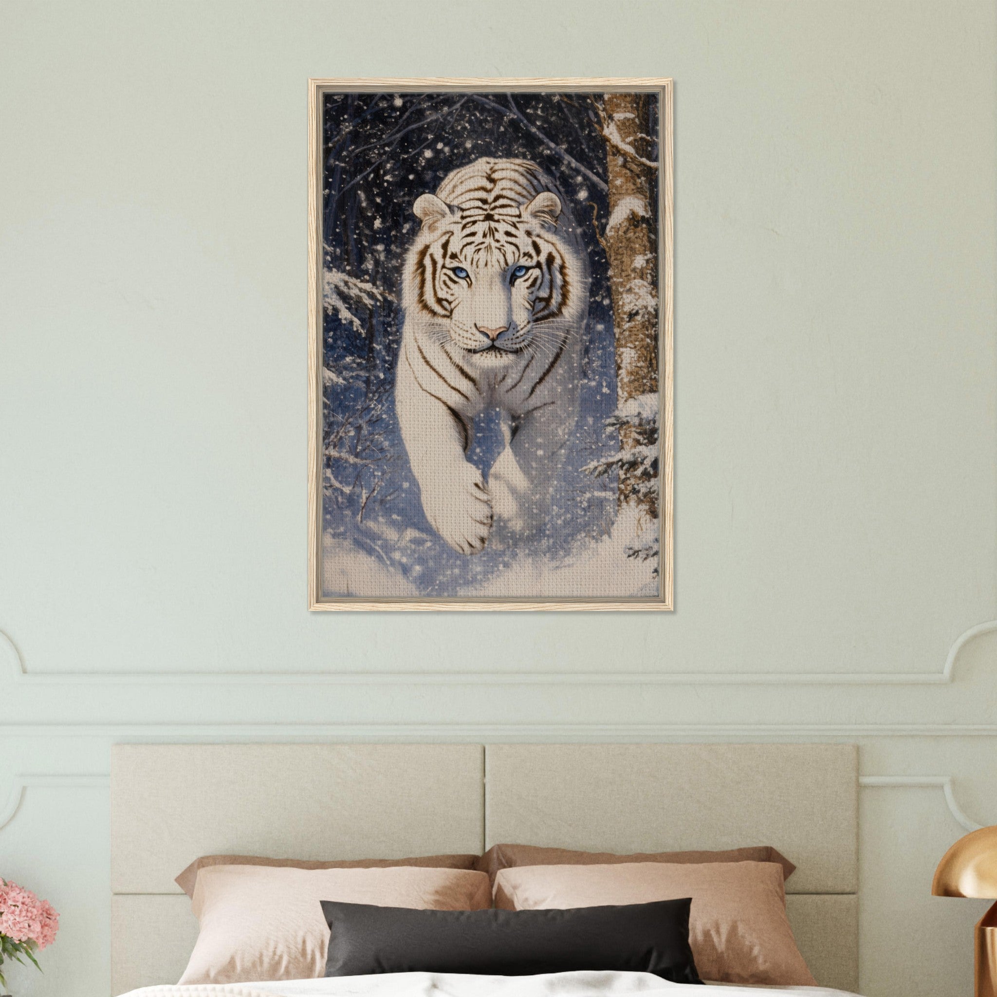 Framed Canvas Portrait - Majestic White Tiger in a Snowy Forest A powerful - Shop Ai Art WebShop - Digital Art online Store