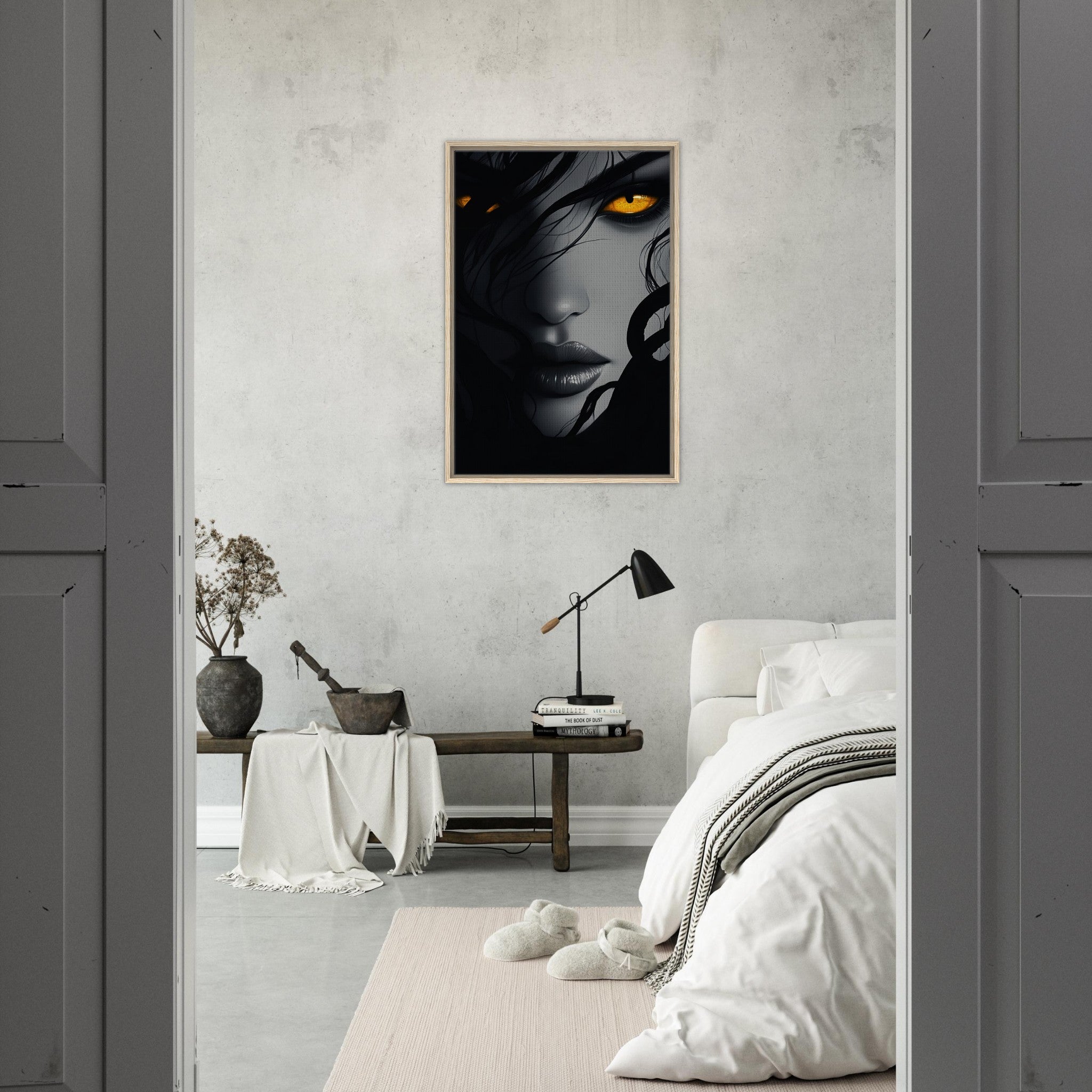 Framed Canvas Portrait - Minimalist Medusas Gaze Minimalism Tight - Focus 2 - Shop Ai Art WebShop - Digital Art online Store