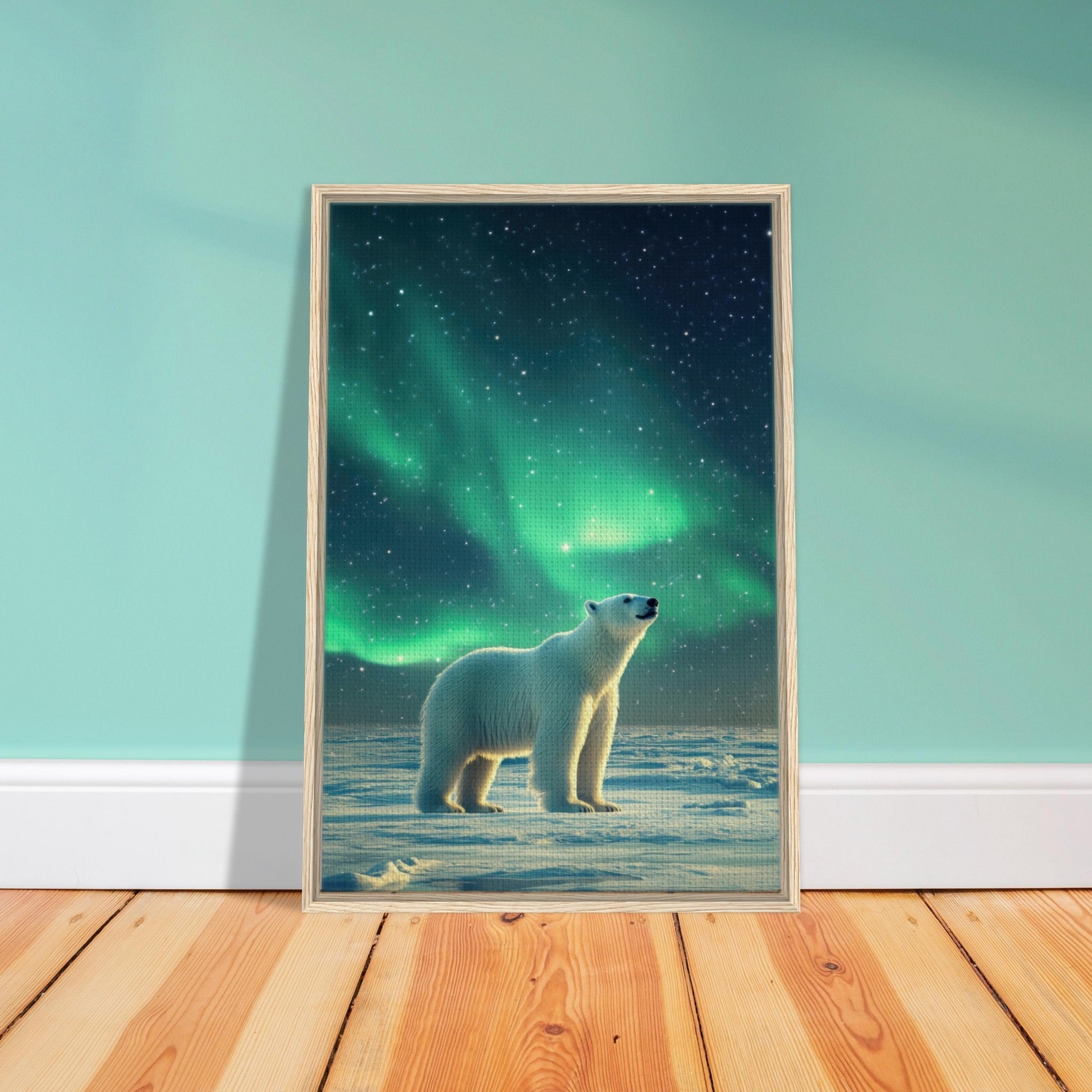 Framed Canvas Portrait - Polar Bear Under the Aurora Borealis A solitary 3 - Shop Ai Art WebShop - Digital Art online Store