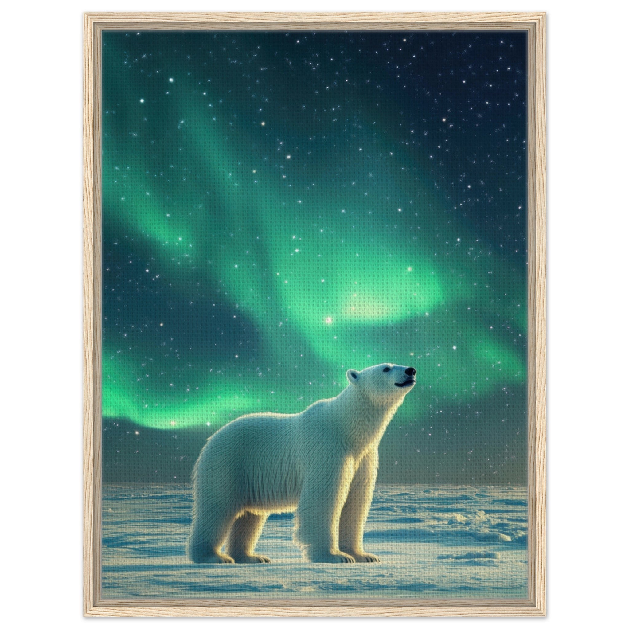 Framed Canvas Portrait - Polar Bear Under the Aurora Borealis A solitary 3 - Shop Ai Art WebShop - Digital Art online Store