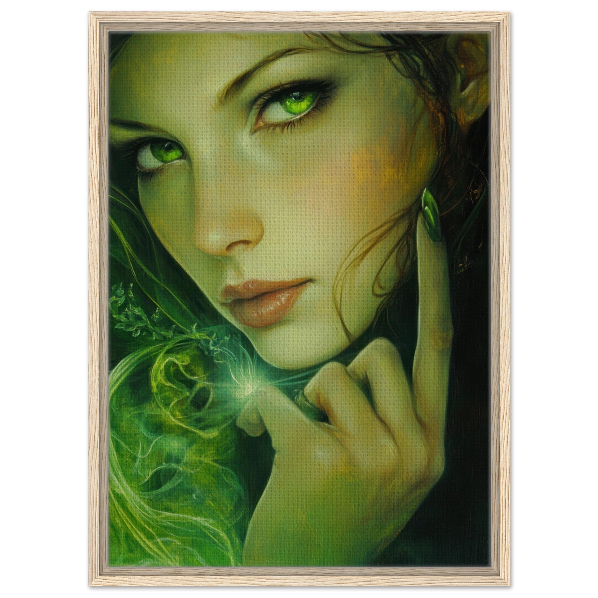 Framed Canvas Portrait - The Fae Sorceress of the Emerald Woods Oil Faint - Shop Ai Art WebShop - Digital Art online Store
